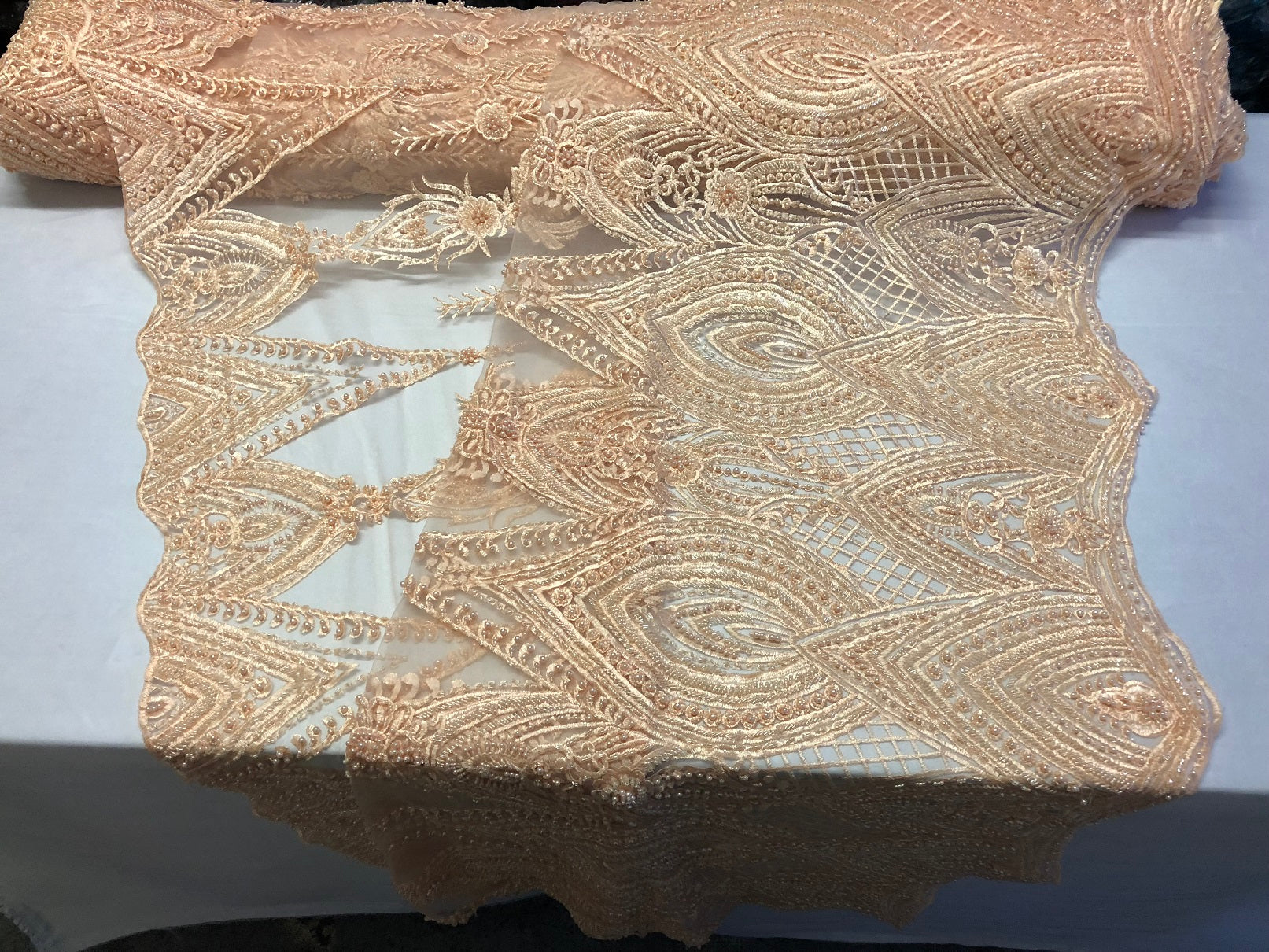 Blush Beaded Fabric Embroidered Lace Pearls On A Mesh Bridal/Wedding Fabrics Sold By The Yard