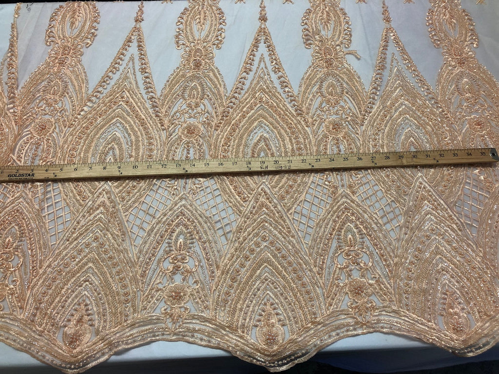 Blush Beaded Fabric Embroidered Lace Pearls On A Mesh Bridal/Wedding Fabrics Sold By The Yard