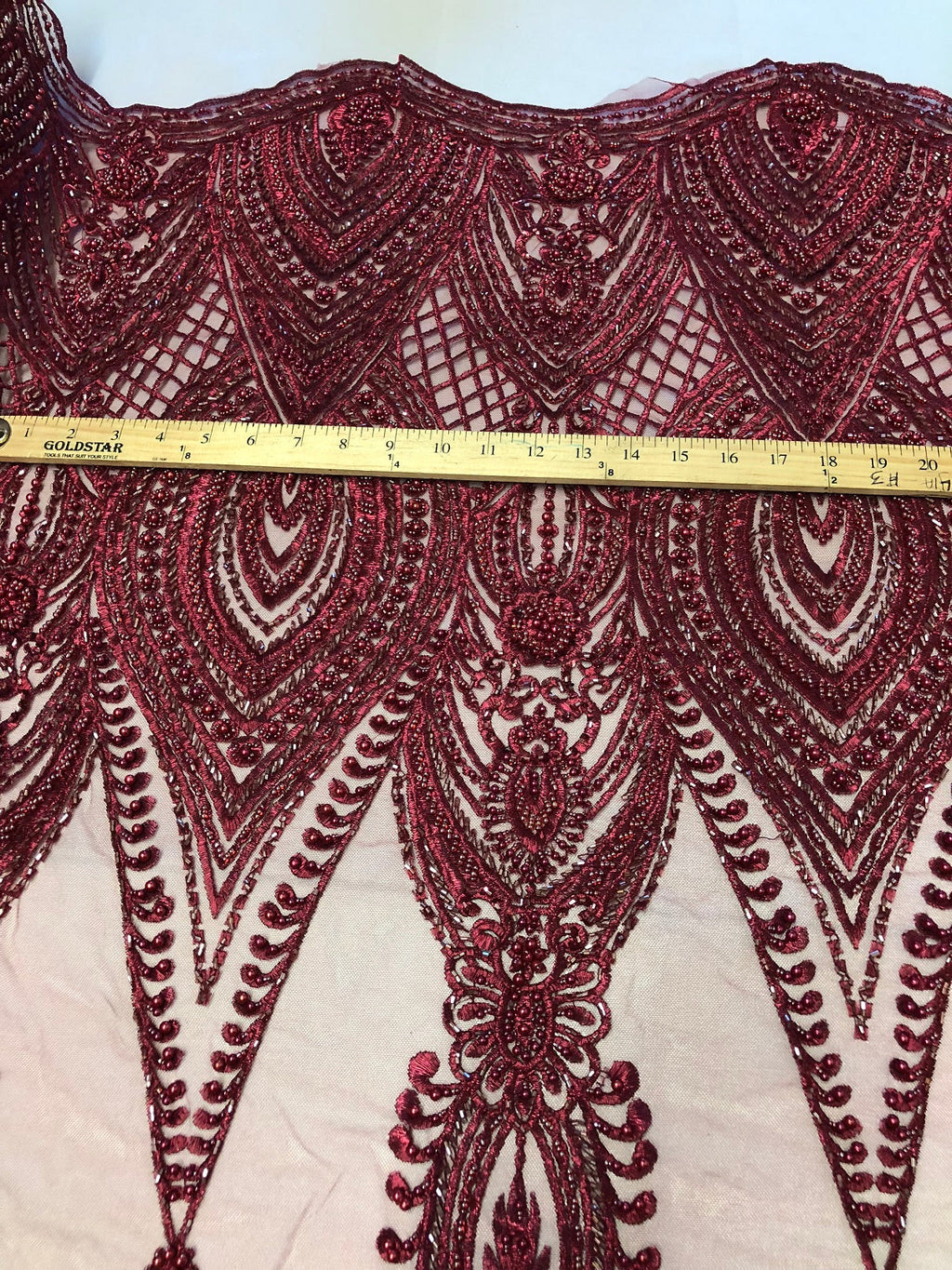 Burgundy Beaded Fabric Embroidered Lace Pearls On A Mesh Bridal/Wedding Fabrics Sold By The Yard