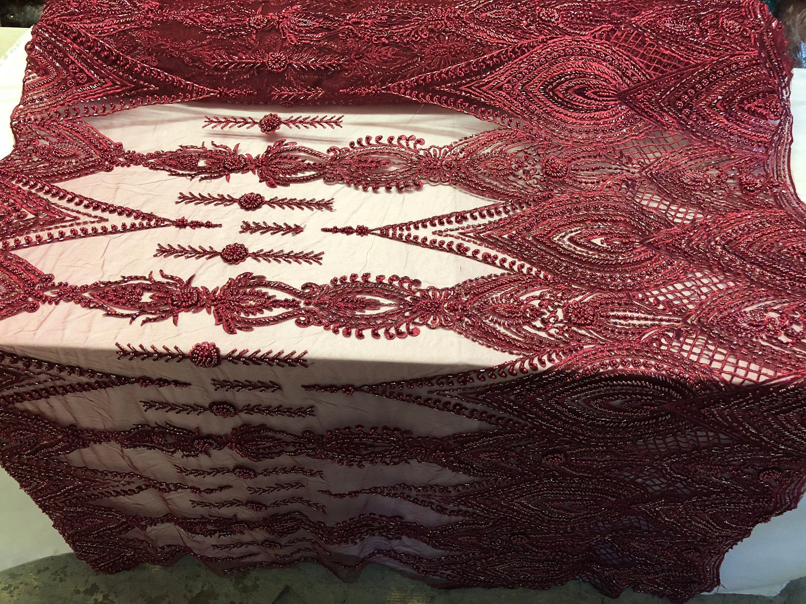 Burgundy Beaded Fabric Embroidered Lace Pearls On A Mesh Bridal/Wedding Fabrics Sold By The Yard