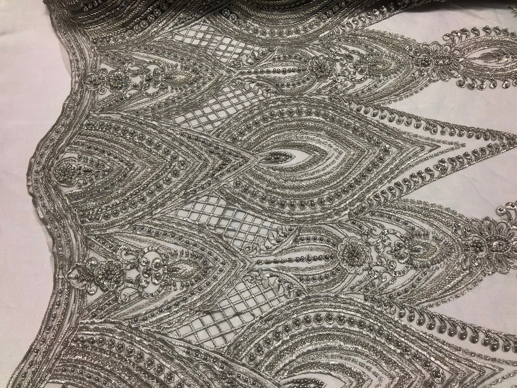 Silver Beaded Fabric Embroidered Lace Pearls On A Mesh Bridal/Wedding Fabrics Sold By The Yard