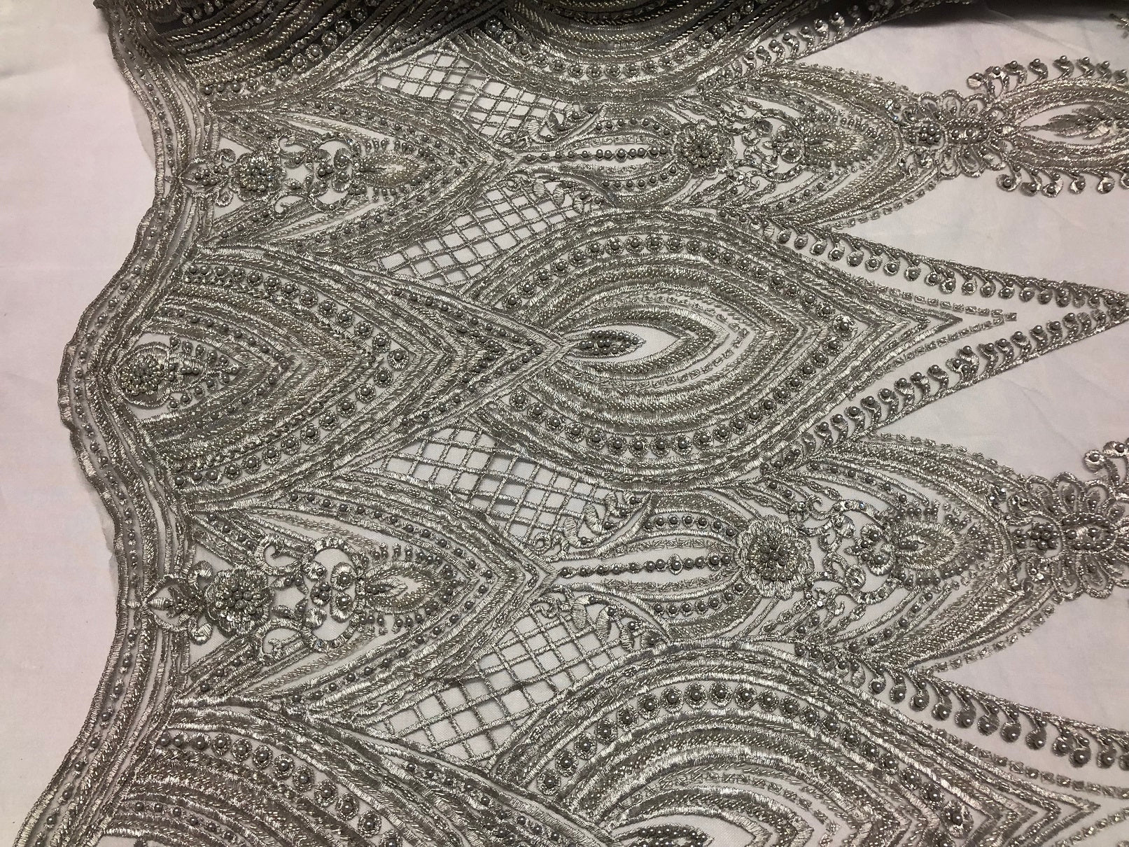 Silver Beaded Fabric Embroidered Lace Pearls On A Mesh Bridal/Wedding Fabrics Sold By The Yard