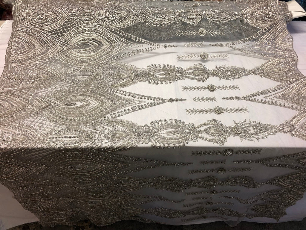Silver Beaded Fabric Embroidered Lace Pearls On A Mesh Bridal/Wedding Fabrics Sold By The Yard