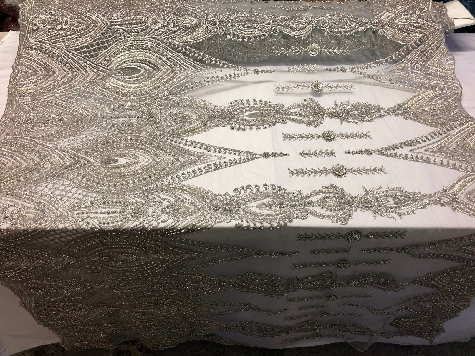 Silver Beaded Fabric Embroidered Lace Pearls On A Mesh Bridal/Wedding Fabrics Sold By The Yard