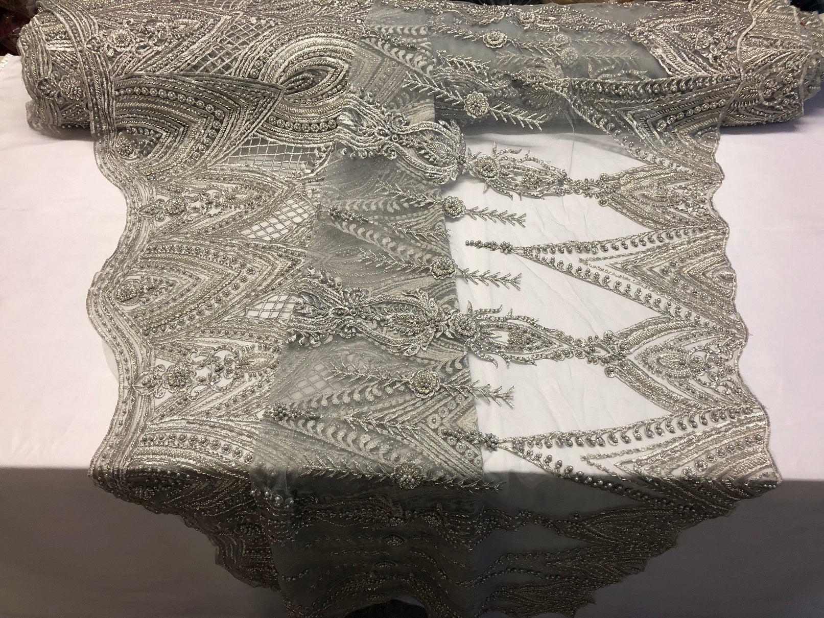 Silver Beaded Fabric Embroidered Lace Pearls On A Mesh Bridal/Wedding Fabrics Sold By The Yard