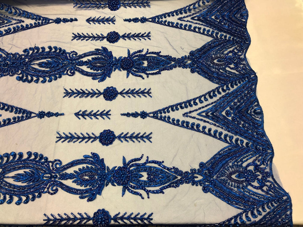 Royal Blue Beaded Fabric Embroidered Lace Pearls On A Mesh Bridal/Wedding Fabrics Sold By The Yard