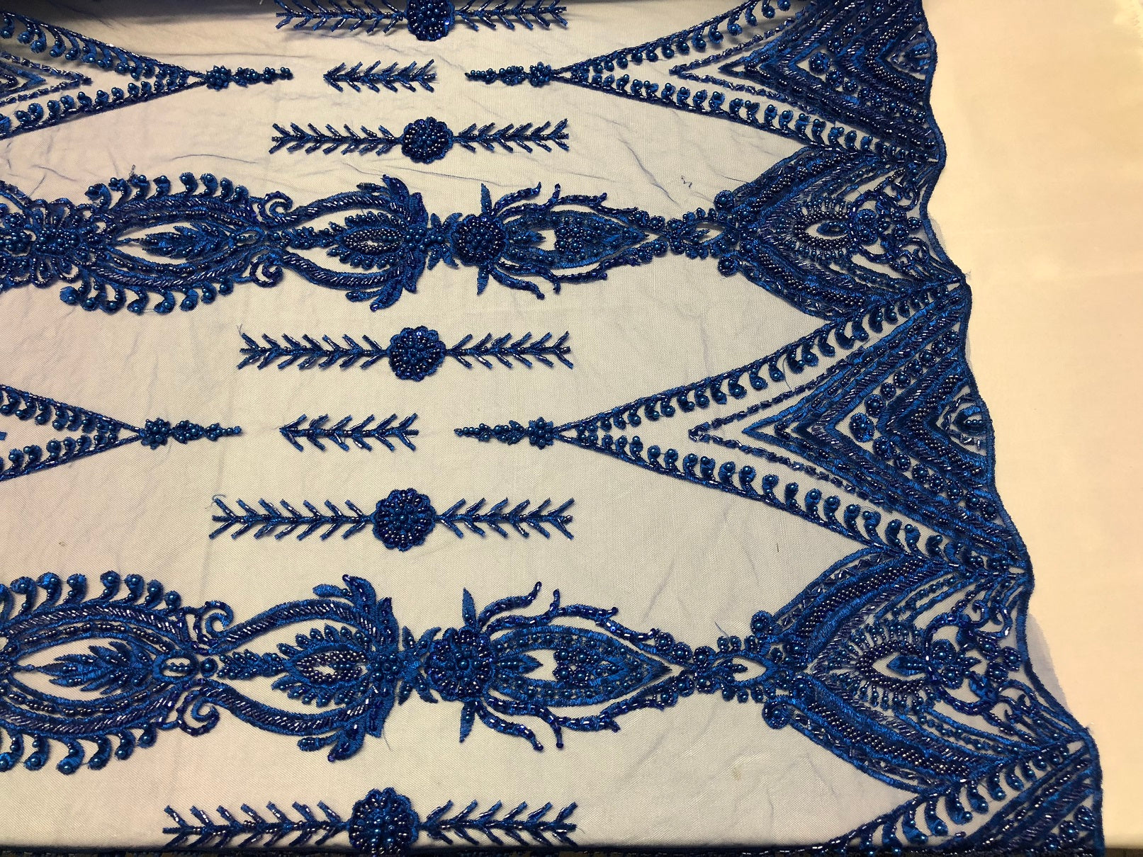Royal Blue Beaded Fabric Embroidered Lace Pearls On A Mesh Bridal/Wedding Fabrics Sold By The Yard