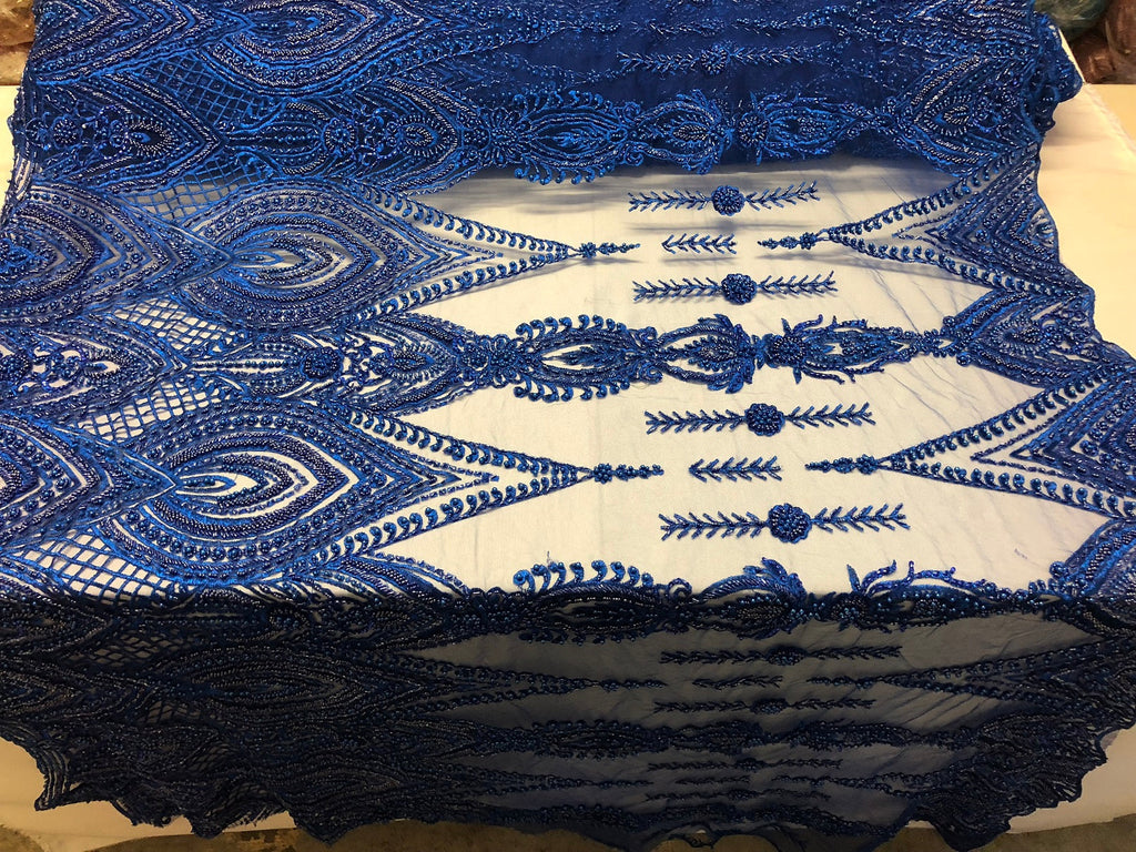 Royal Blue Beaded Fabric Embroidered Lace Pearls On A Mesh Bridal/Wedding Fabrics Sold By The Yard