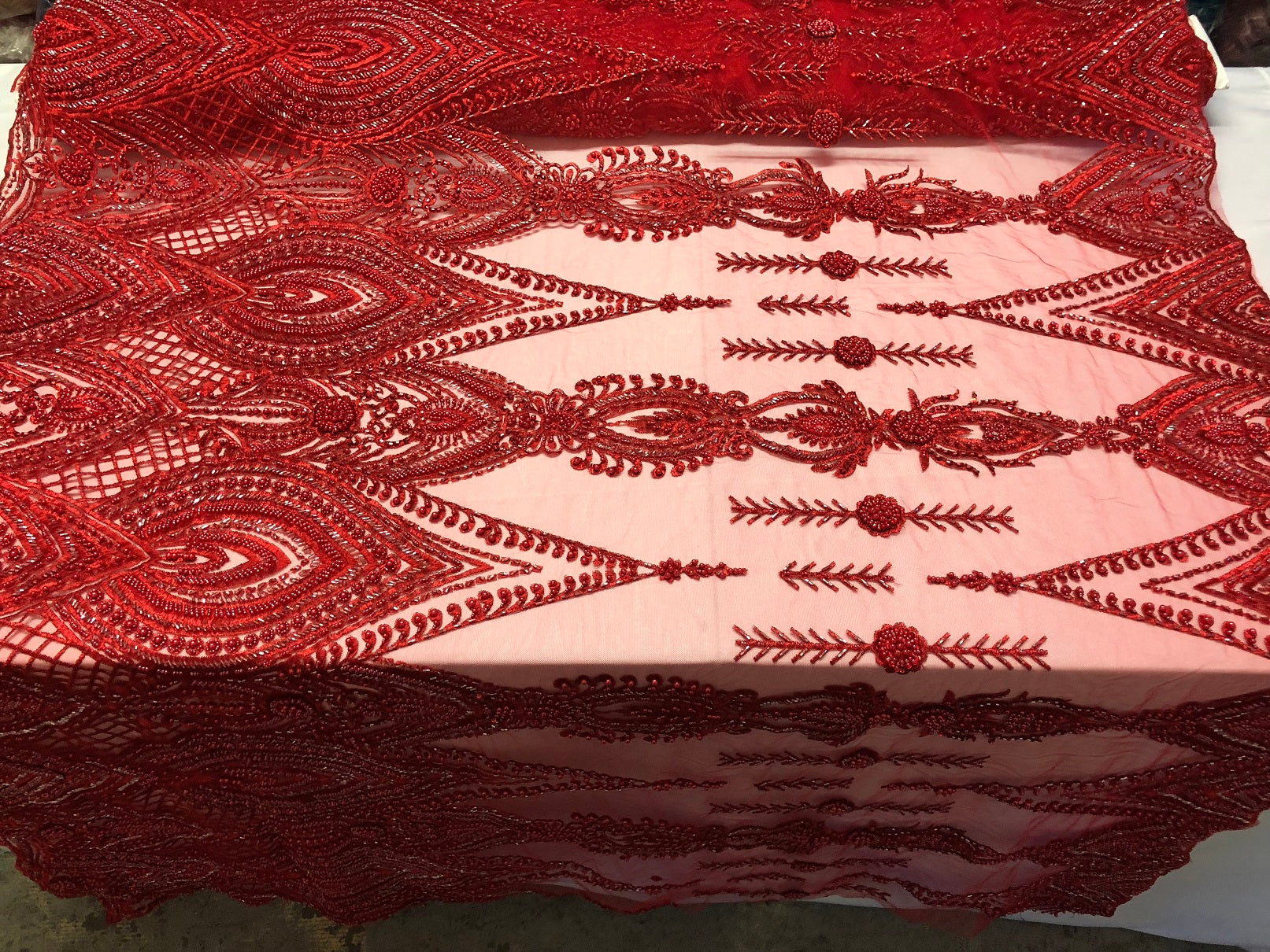 Red Beaded Fabric Embroidered Lace Pearls On A Mesh Bridal/Wedding Fabrics Sold By The Yard