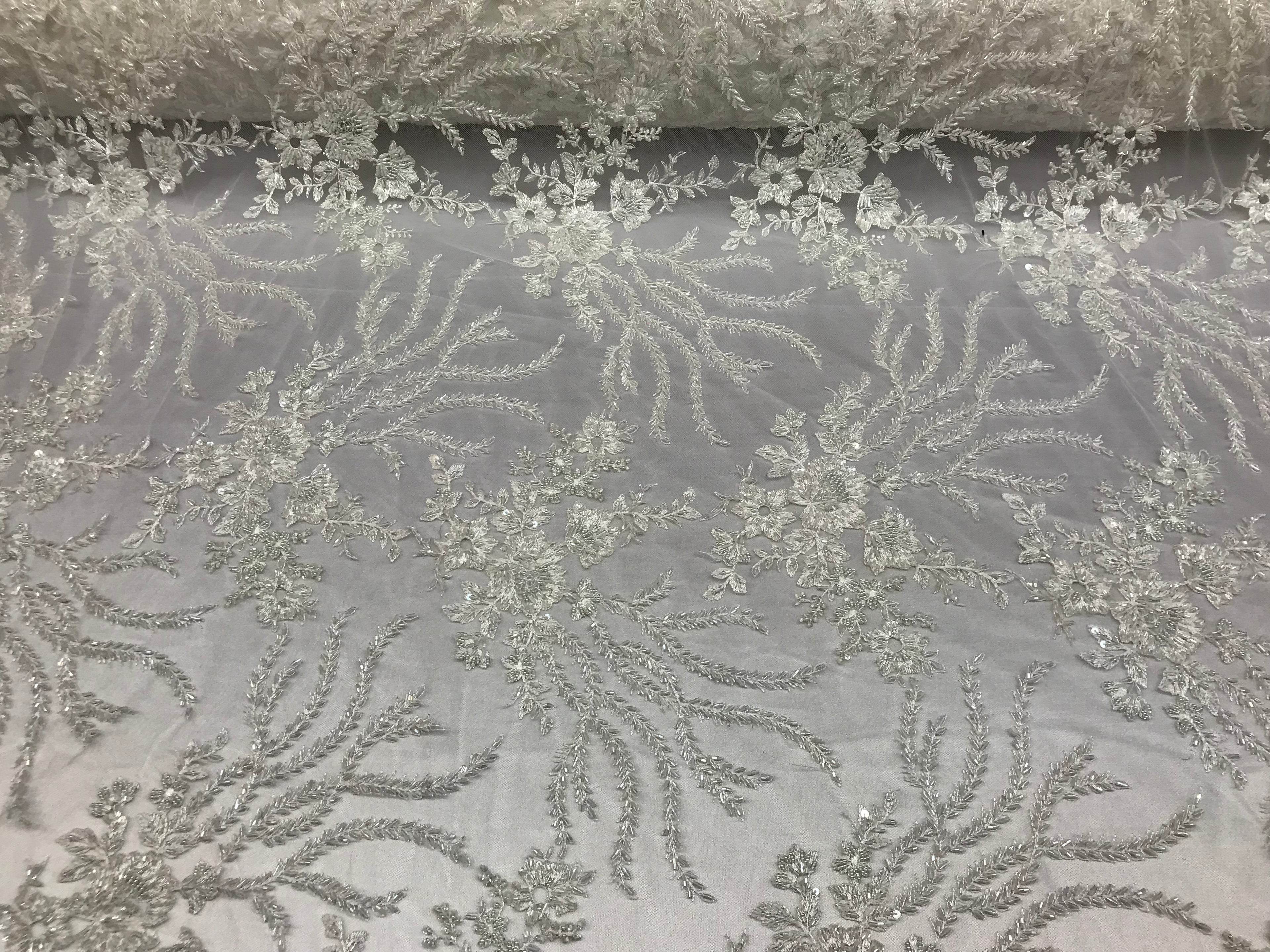Beaded -Ivory- Fancy Flower Design Sequins Fabric with Beads Sold By The Yard