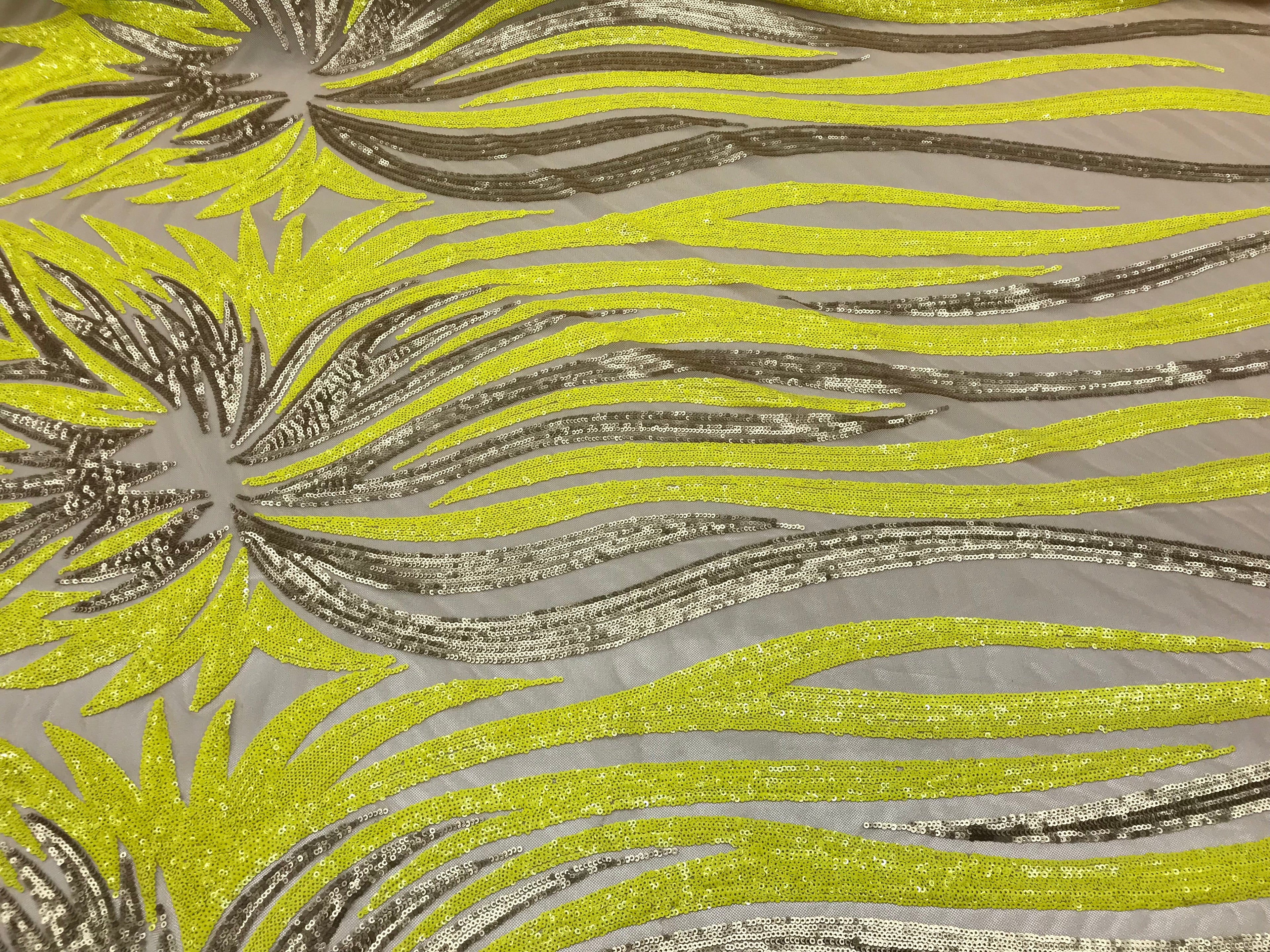 Two Tone - Yellow / Gold -  4 Way Stretch Sequins Fabric Embroidered On (Nude Mesh) Sold By Yard