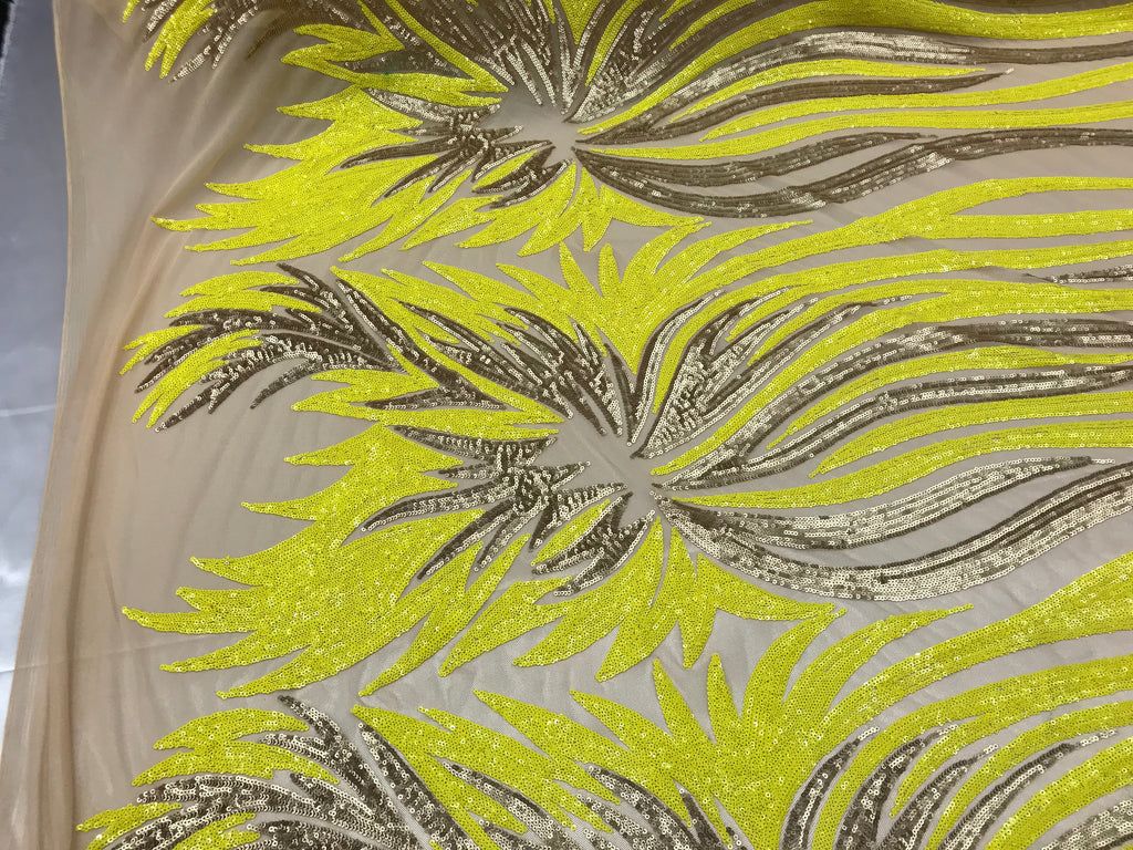 Two Tone - Yellow / Gold -  4 Way Stretch Sequins Fabric Embroidered On (Nude Mesh) Sold By Yard