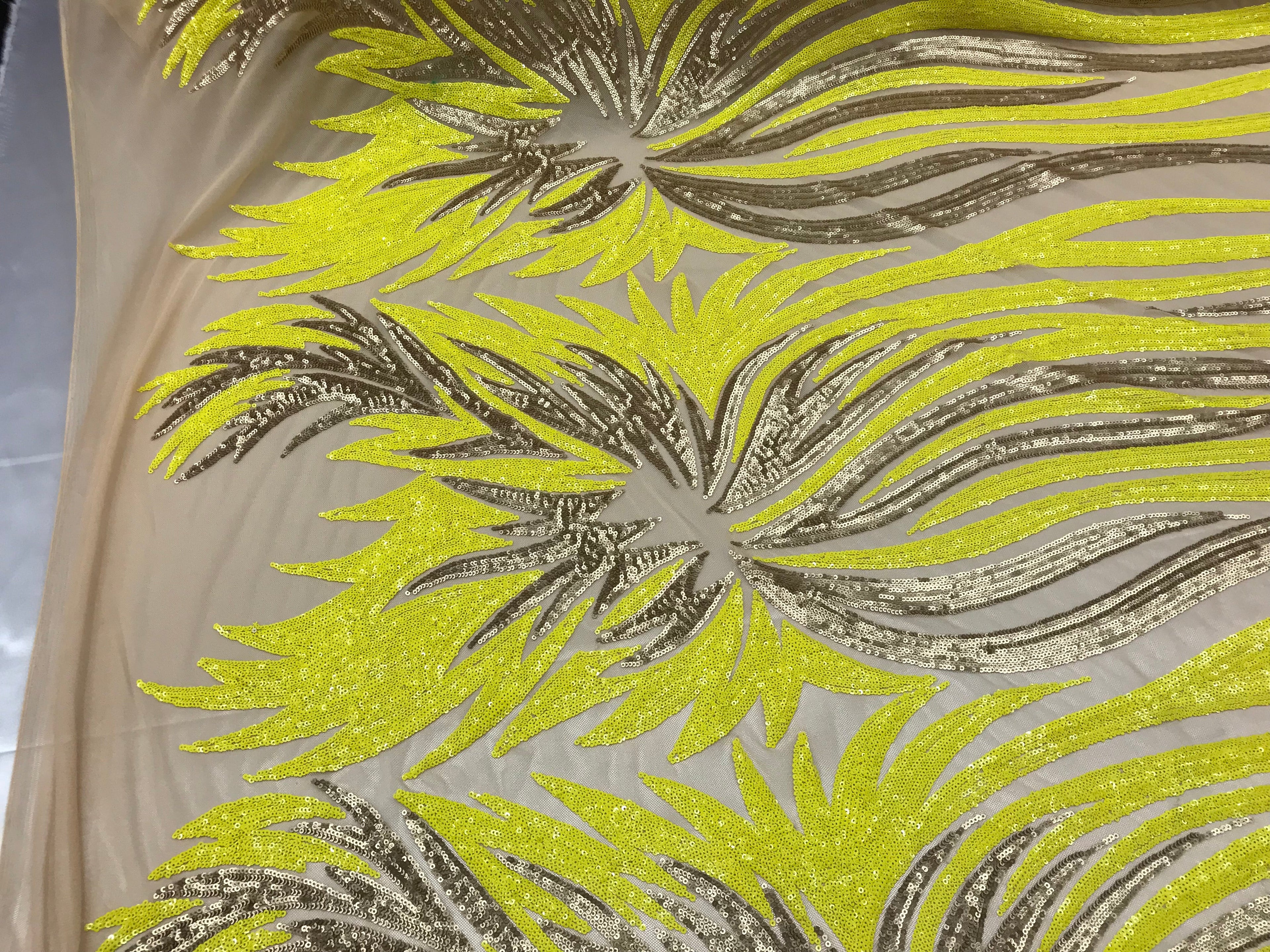 Two Tone - Yellow / Gold -  4 Way Stretch Sequins Fabric Embroidered On (Nude Mesh) Sold By Yard