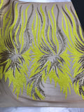 Two Tone - Yellow / Gold -  4 Way Stretch Sequins Fabric Embroidered On (Nude Mesh) Sold By Yard