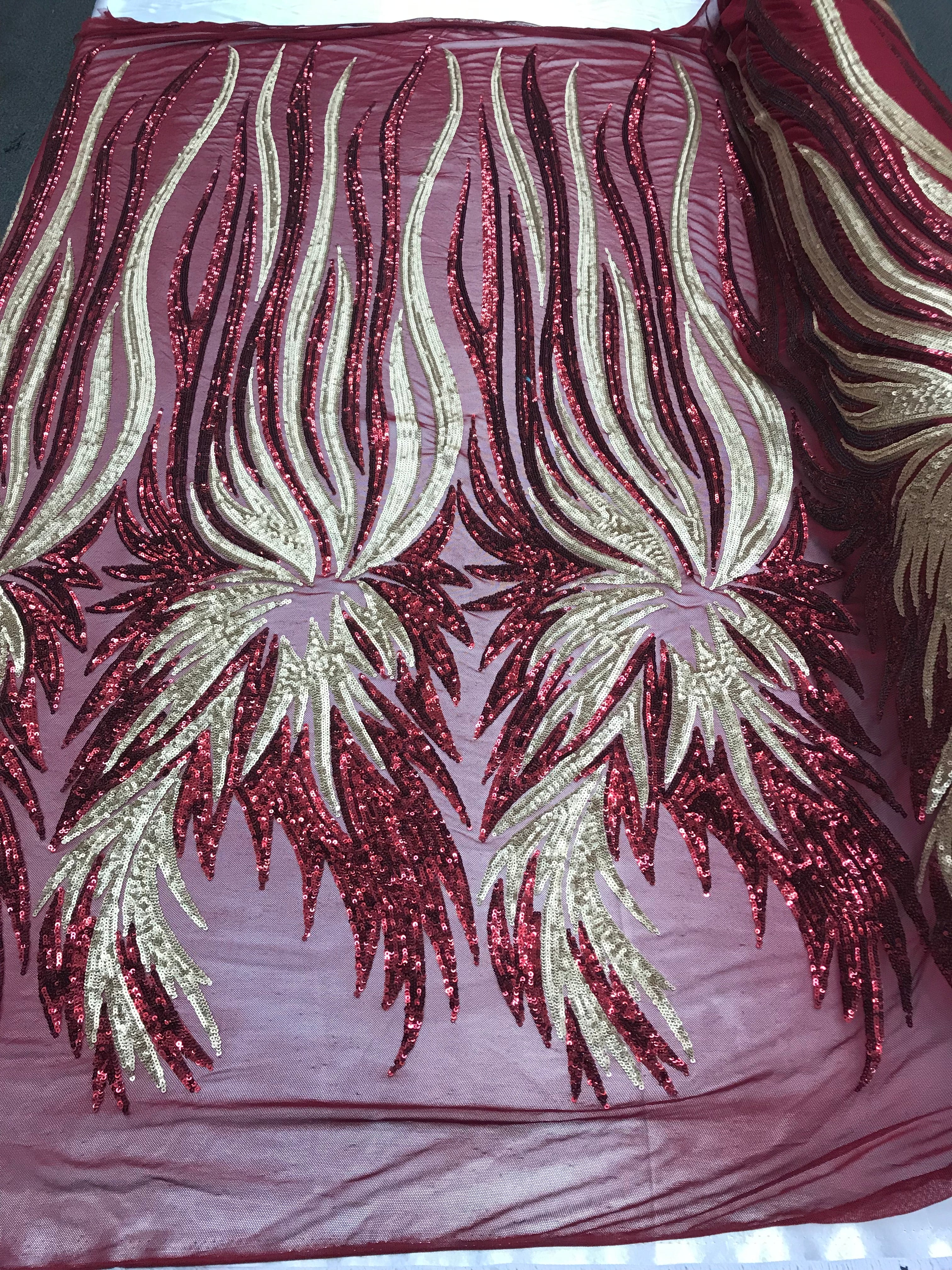 Two Tone - Burgundy / Gold -  4 Way Stretch Sequins Fabric Embroidered On (Nude Mesh) Sold By Yard