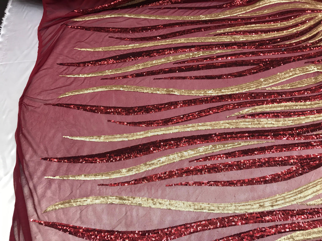 Two Tone - Burgundy / Gold -  4 Way Stretch Sequins Fabric Embroidered On (Nude Mesh) Sold By Yard
