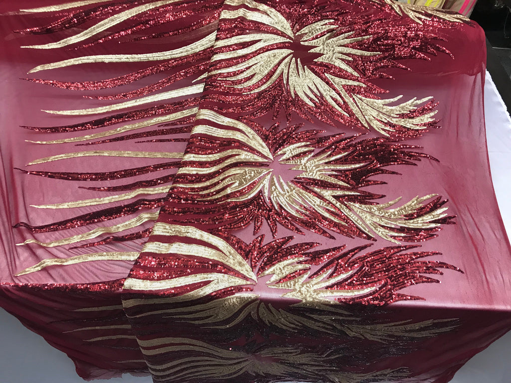 Two Tone - Burgundy / Gold -  4 Way Stretch Sequins Fabric Embroidered On (Nude Mesh) Sold By Yard