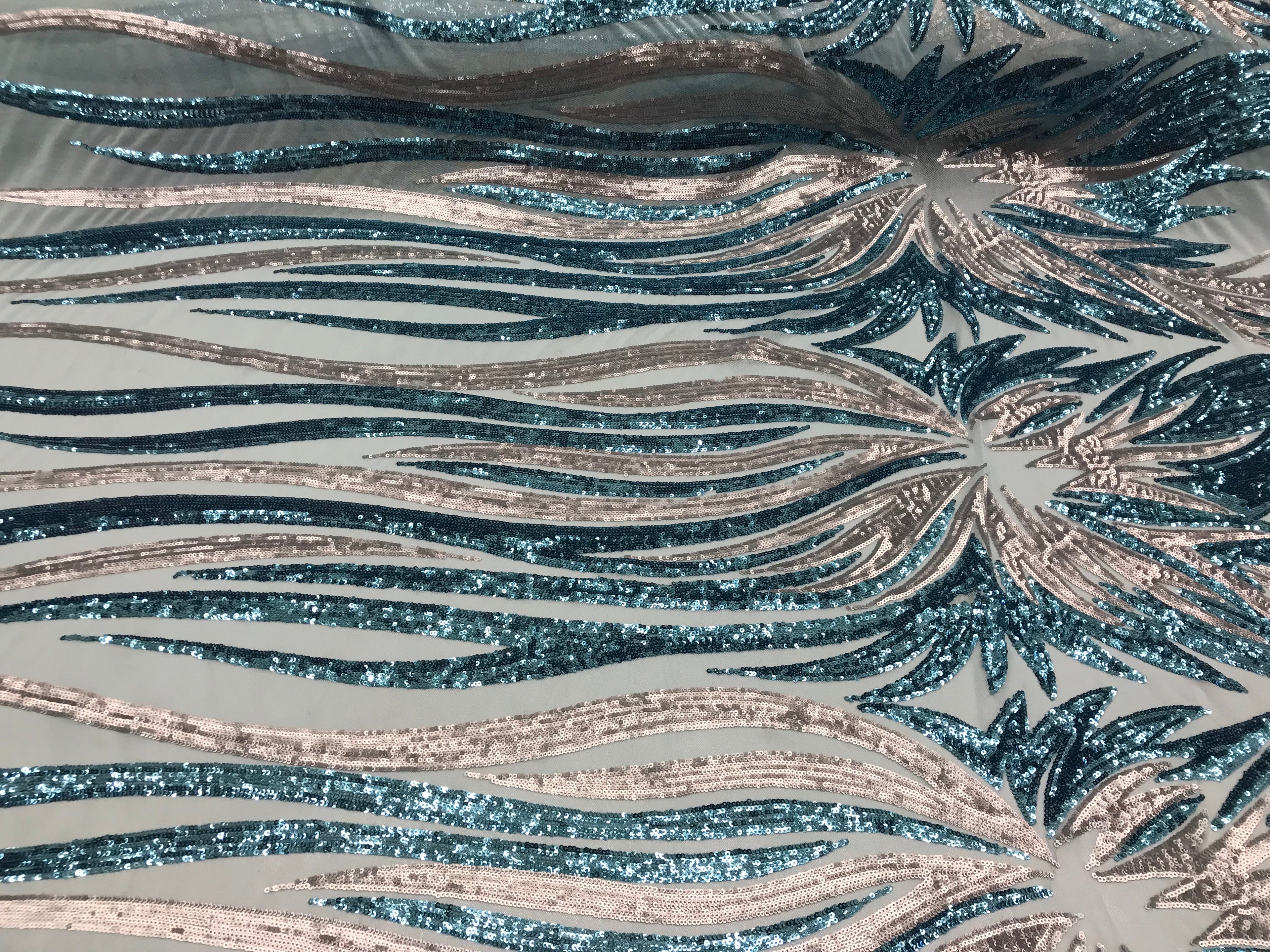 Two Tone - Teal / Gold -  4 Way Stretch Sequins Fabric Embroidered On (Nude Mesh) Sold By Yard
