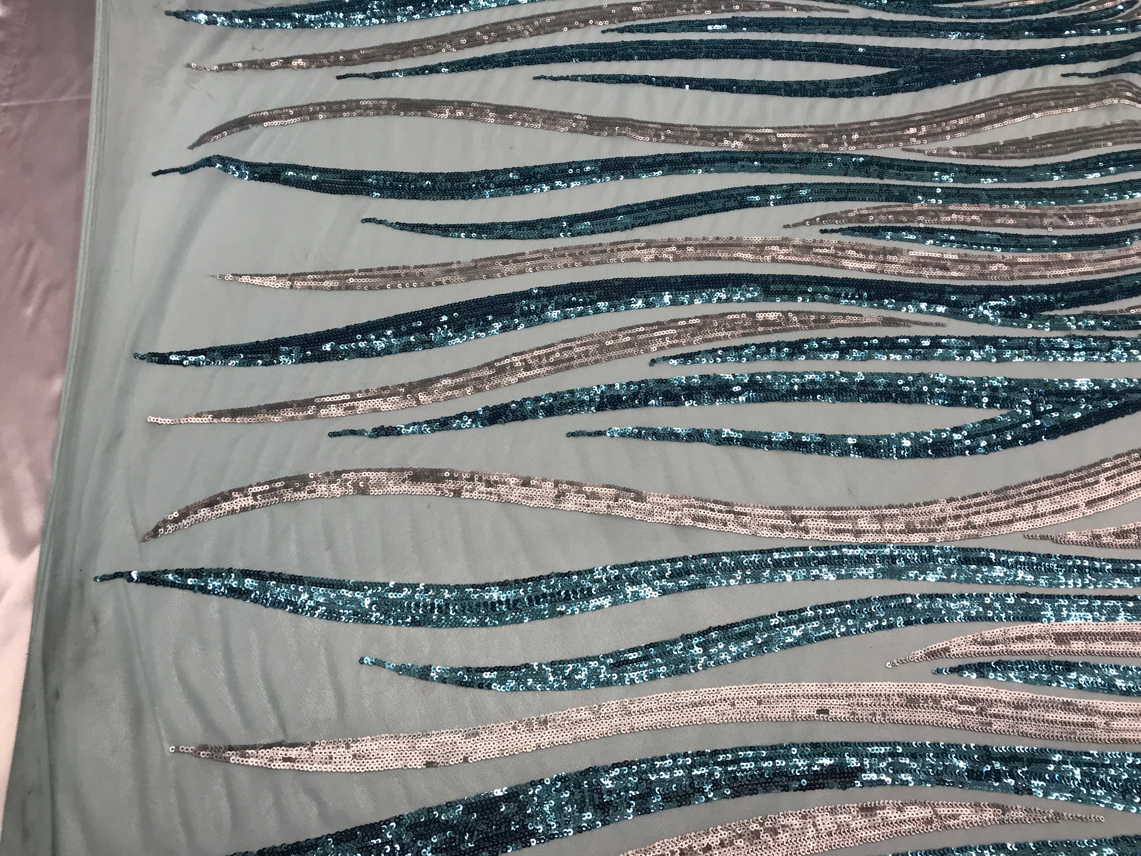 Two Tone - Teal / Gold -  4 Way Stretch Sequins Fabric Embroidered On (Nude Mesh) Sold By Yard