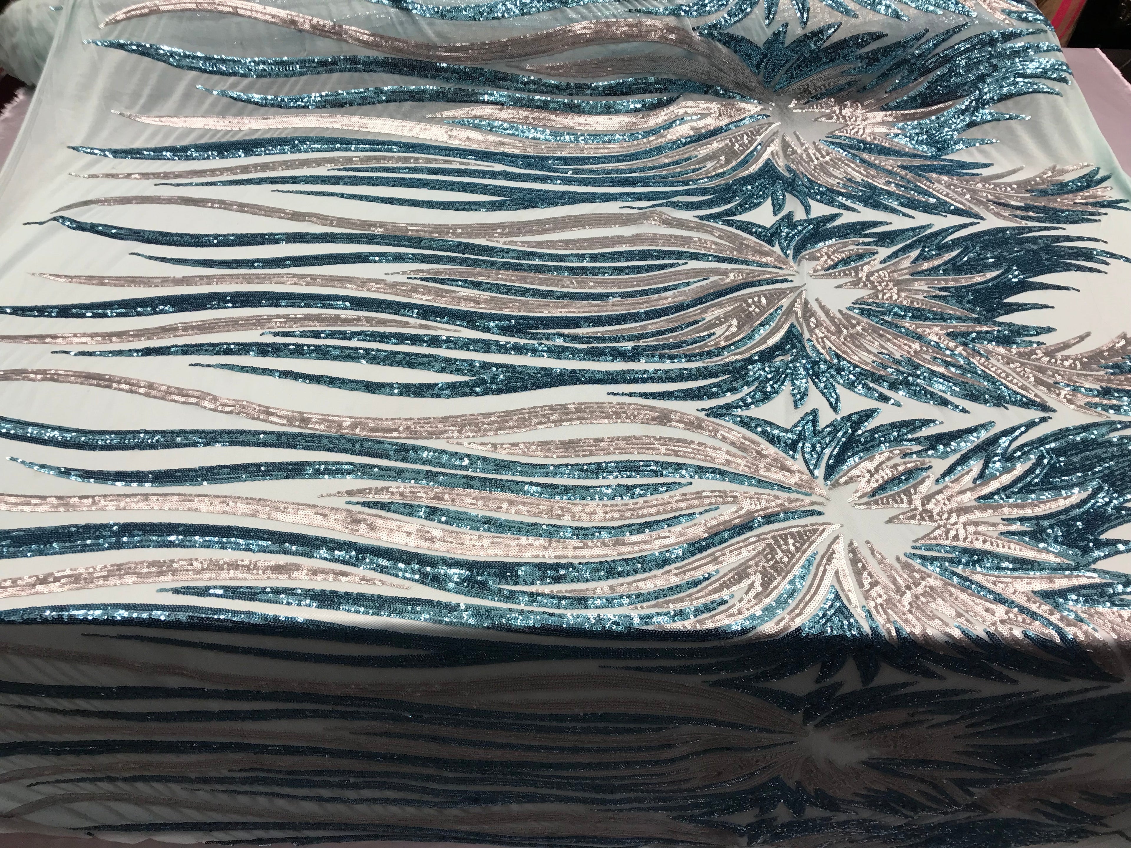 Two Tone - Teal / Gold -  4 Way Stretch Sequins Fabric Embroidered On (Nude Mesh) Sold By Yard