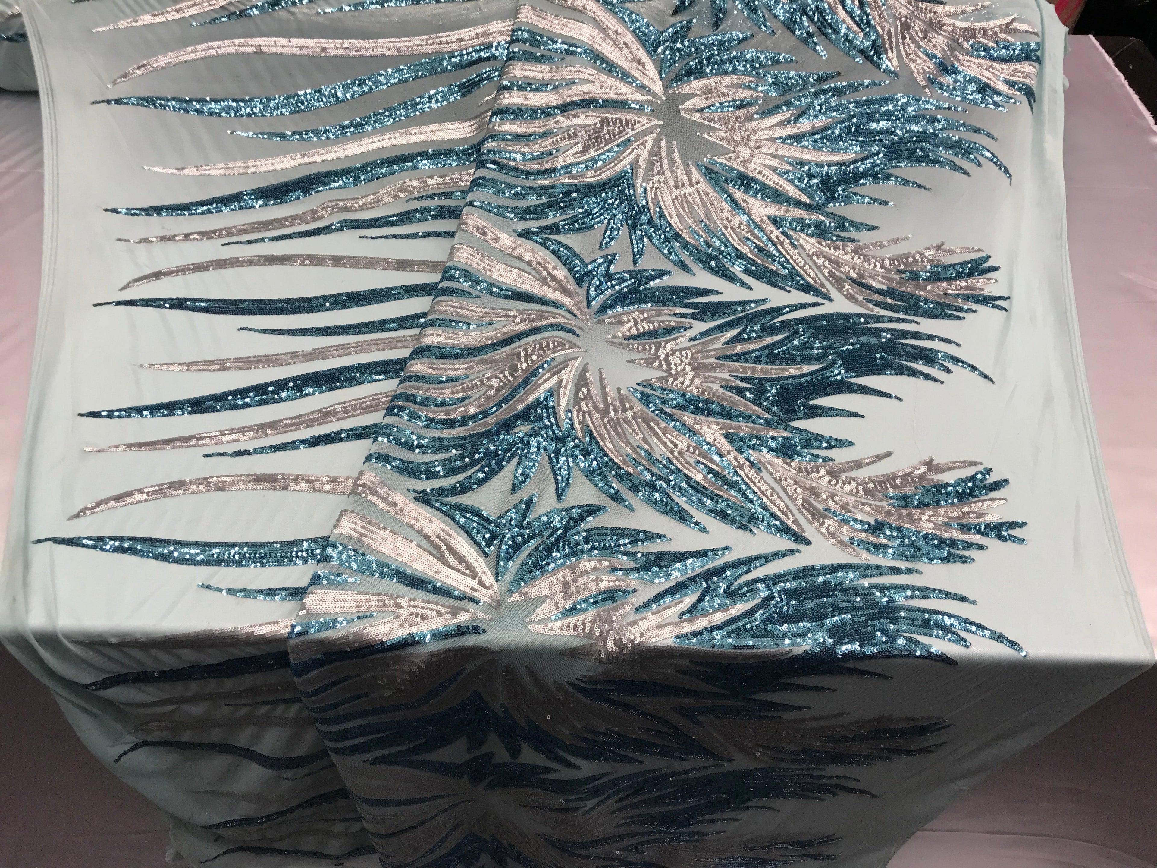 Two Tone - Teal / Gold -  4 Way Stretch Sequins Fabric Embroidered On (Nude Mesh) Sold By Yard