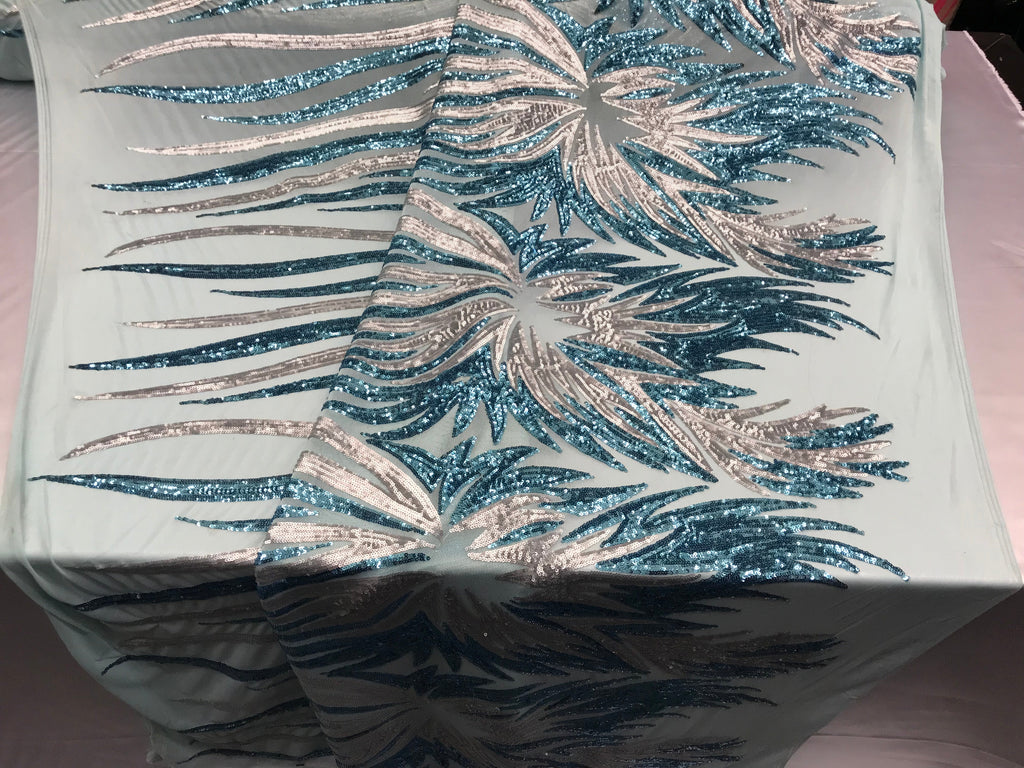 Two Tone - Teal / Gold -  4 Way Stretch Sequins Fabric Embroidered On (Nude Mesh) Sold By Yard