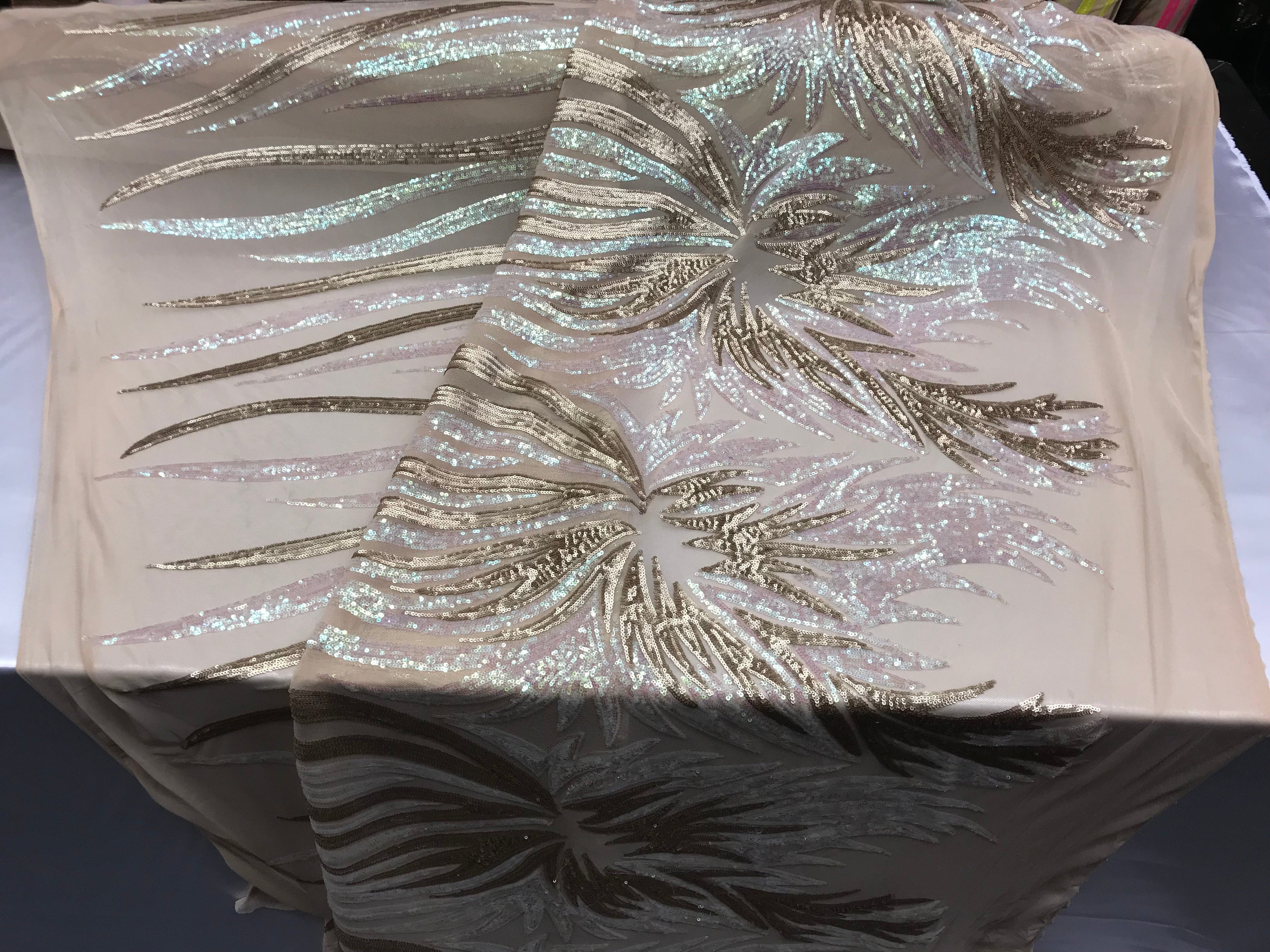 Two Tone - Iridescent Pink/Gold - 4 Way Stretch Sequins Fabric Embroidered On (Nude Mesh) By Yard
