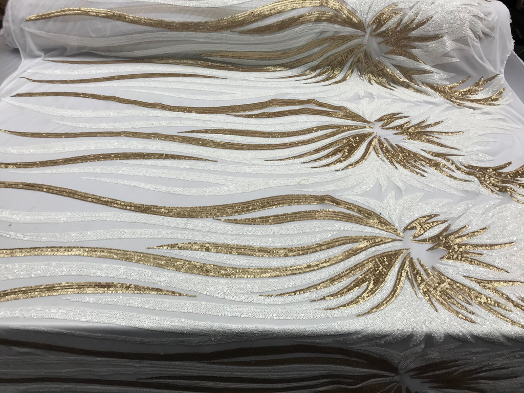 Two Tone - White / Gold -  4 Way Stretch Sequins Fabric Embroidered On Mesh Sold By Yard
