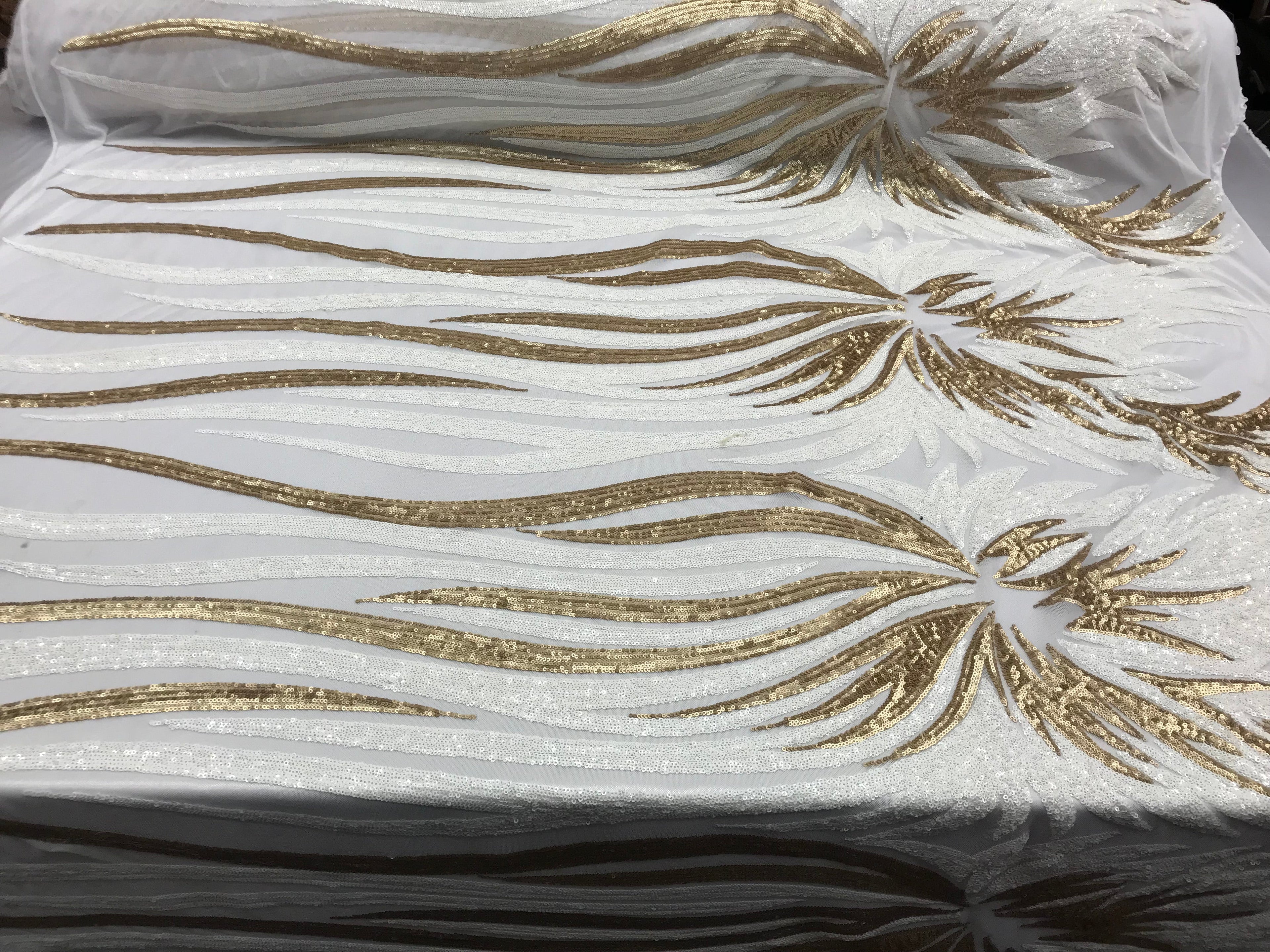 Two Tone - White / Gold -  4 Way Stretch Sequins Fabric Embroidered On Mesh Sold By Yard