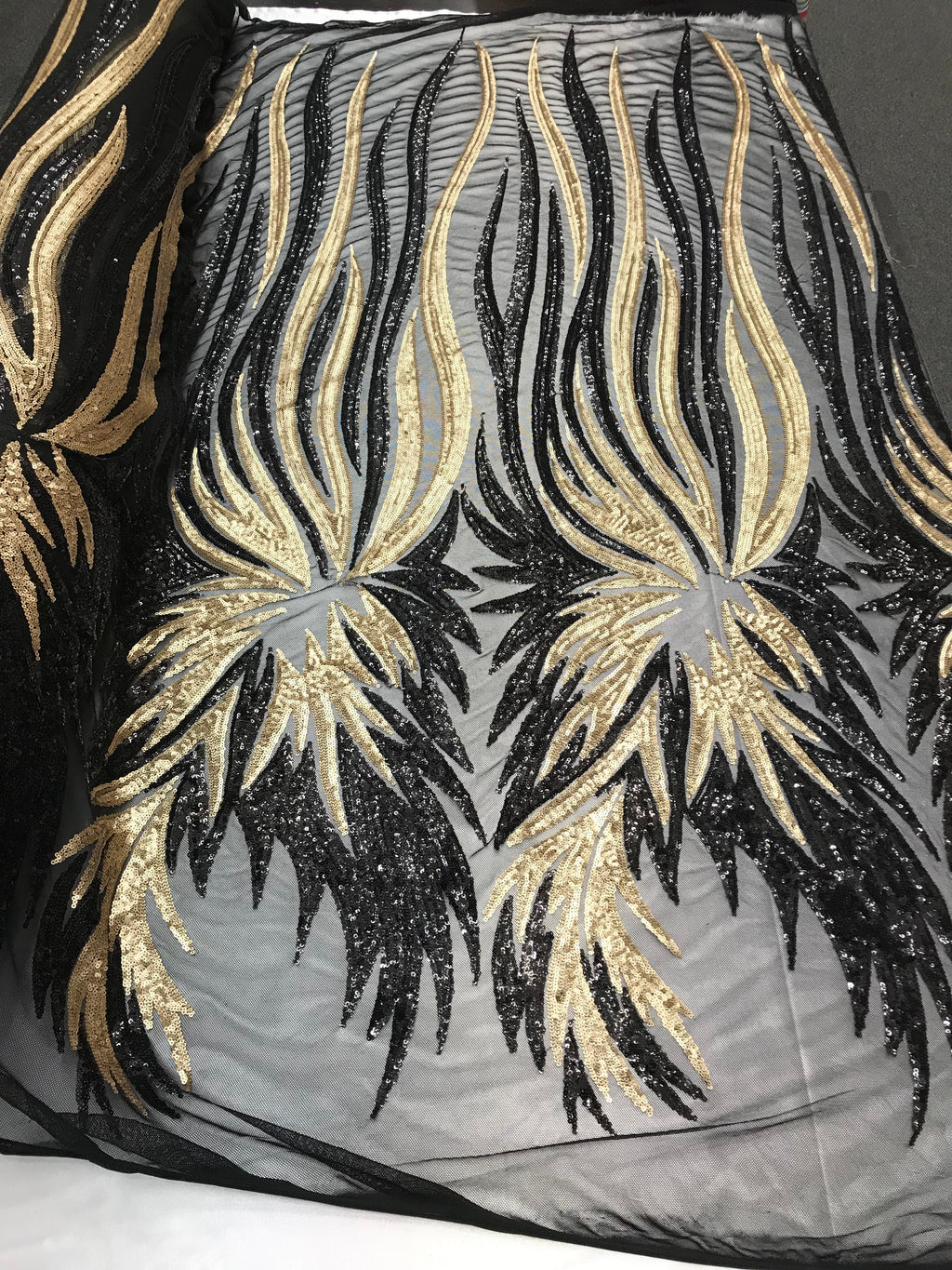 Two Tone - Black/Gold - 4 Way Stretch Sequins Fabric Embroidered On Mesh By Yard