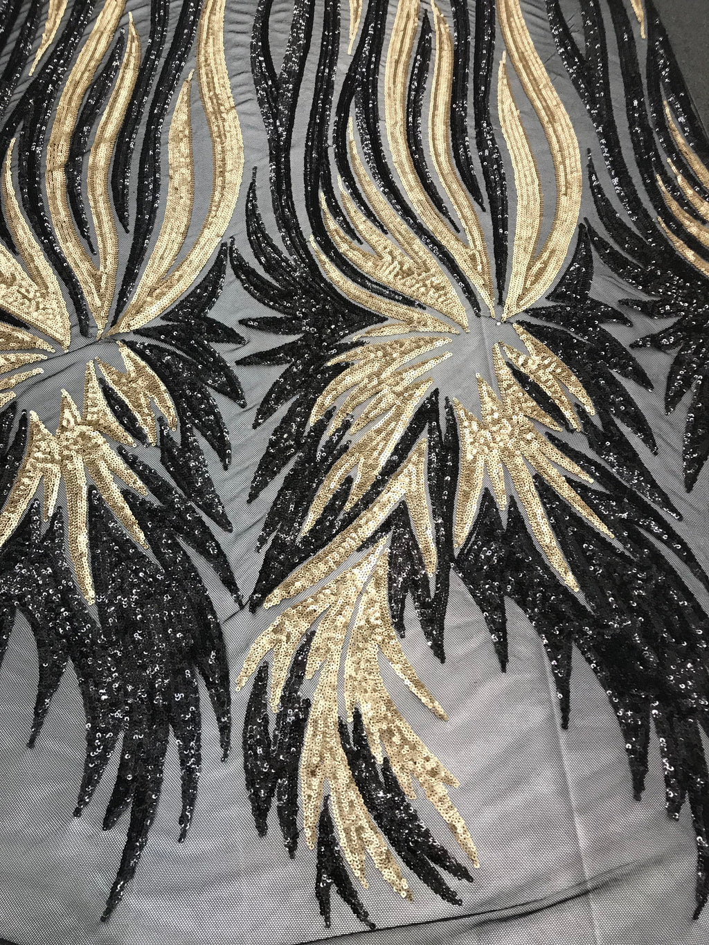 Two Tone - Black/Gold - 4 Way Stretch Sequins Fabric Embroidered On Mesh By Yard
