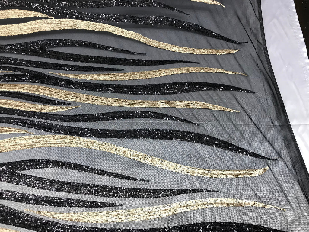 Two Tone - Black/Gold - 4 Way Stretch Sequins Fabric Embroidered On Mesh By Yard