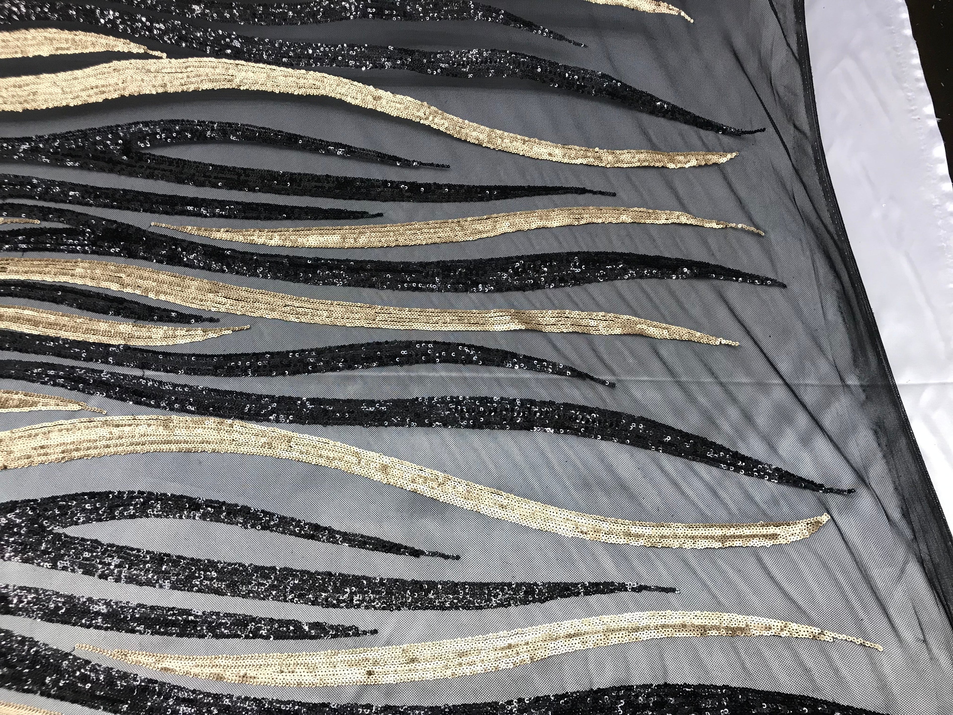 Two Tone - Black/Gold - 4 Way Stretch Sequins Fabric Embroidered On Mesh By Yard