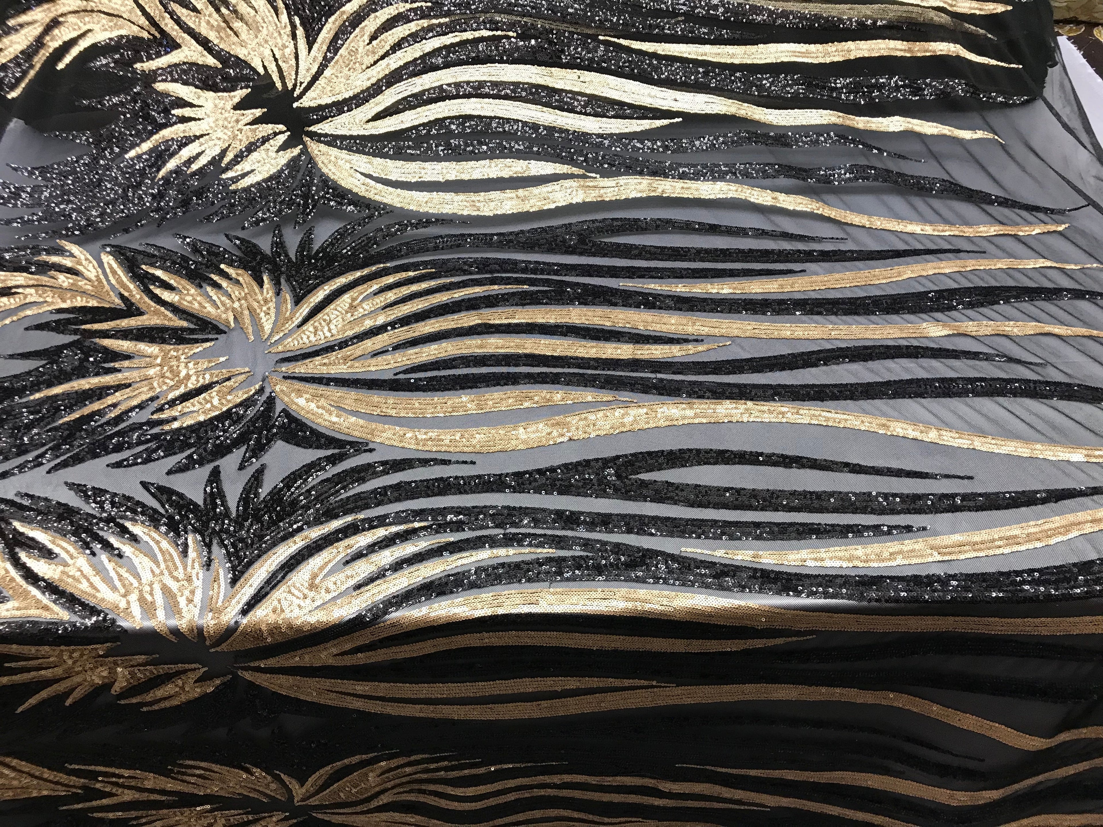 Two Tone - Black/Gold - 4 Way Stretch Sequins Fabric Embroidered On Mesh By Yard
