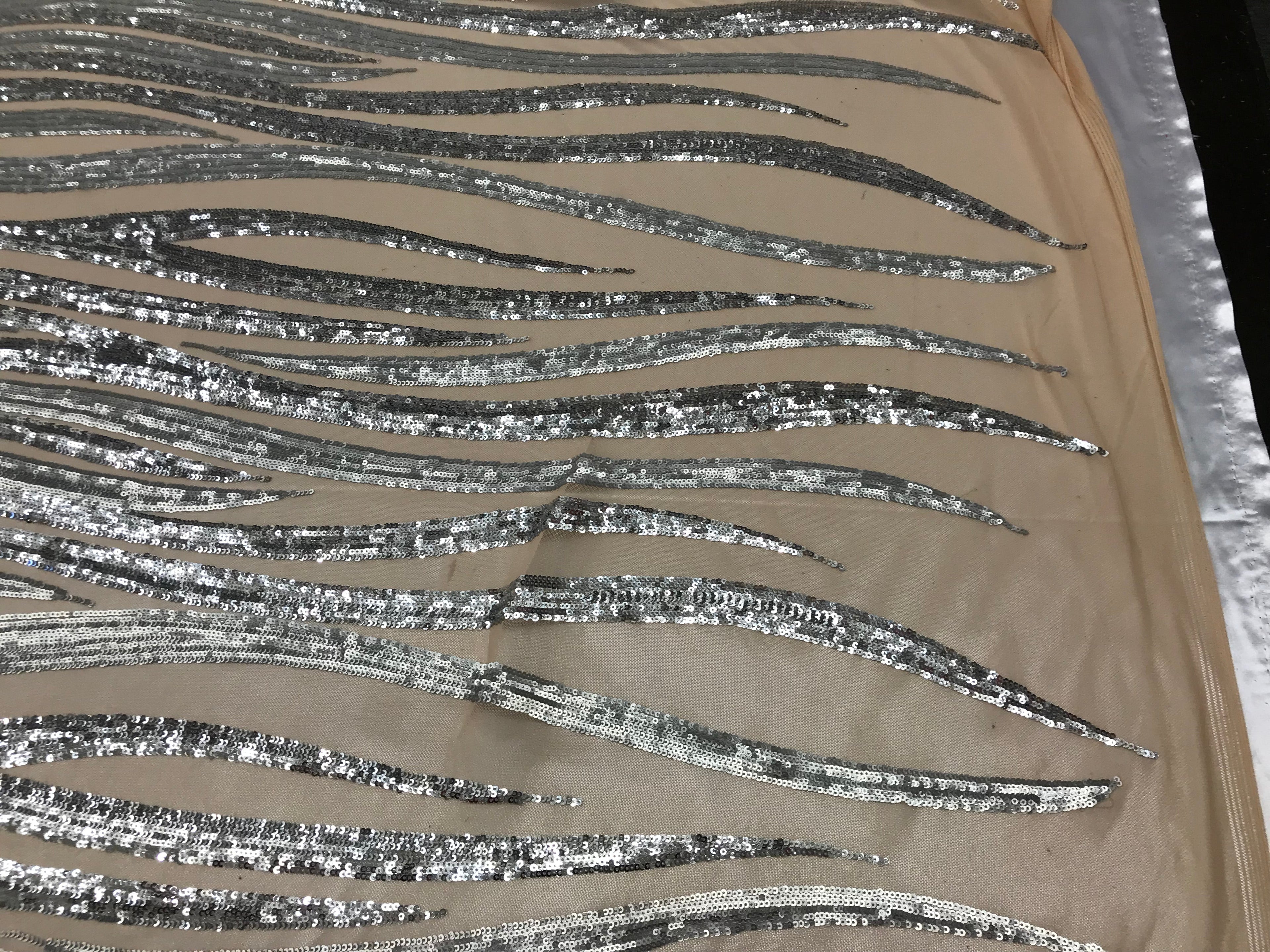 Two Tone - Silver / Matte Silver -  4 Way Stretch Sequins Fabric Embroidered On Mesh Sold By Yard