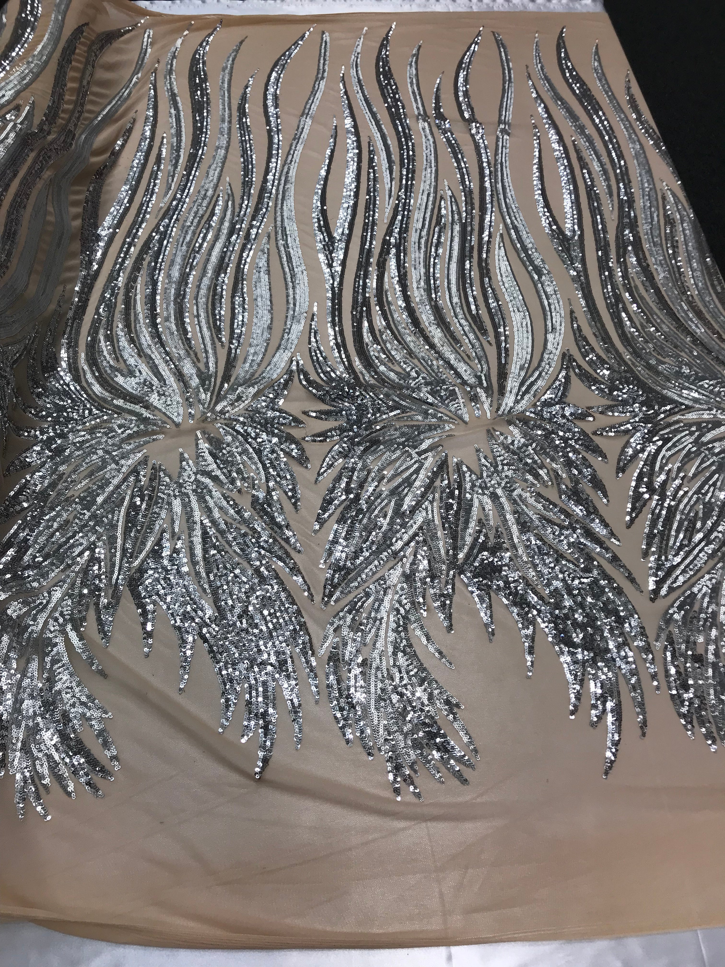 Two Tone - Silver / Matte Silver -  4 Way Stretch Sequins Fabric Embroidered On Mesh Sold By Yard