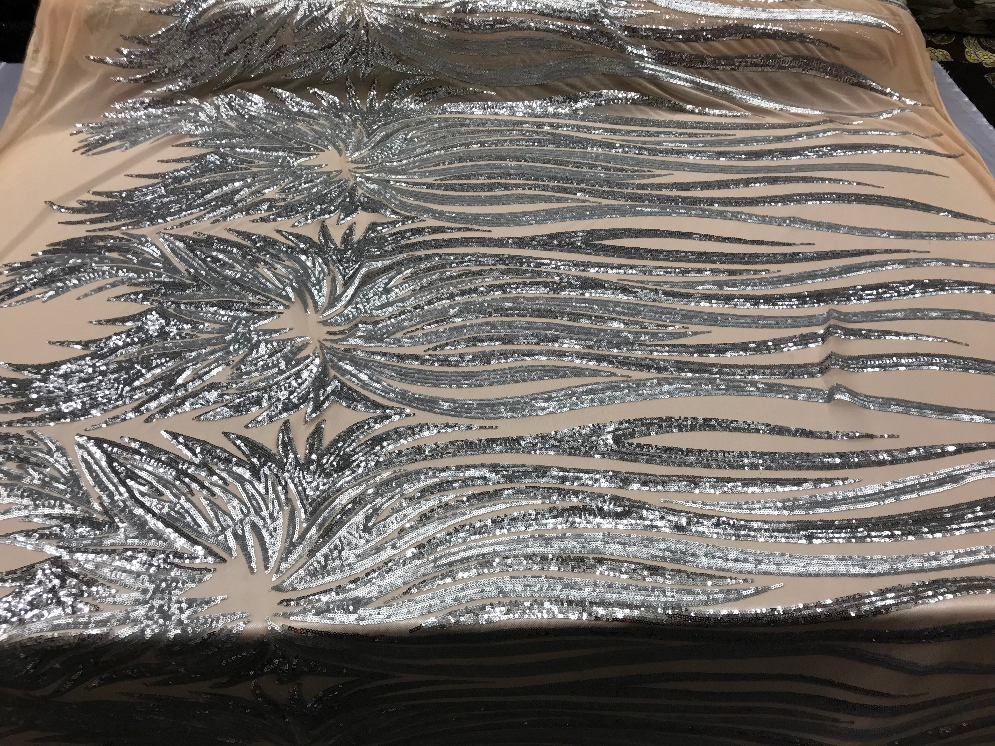 Two Tone - Silver / Matte Silver -  4 Way Stretch Sequins Fabric Embroidered On Mesh Sold By Yard
