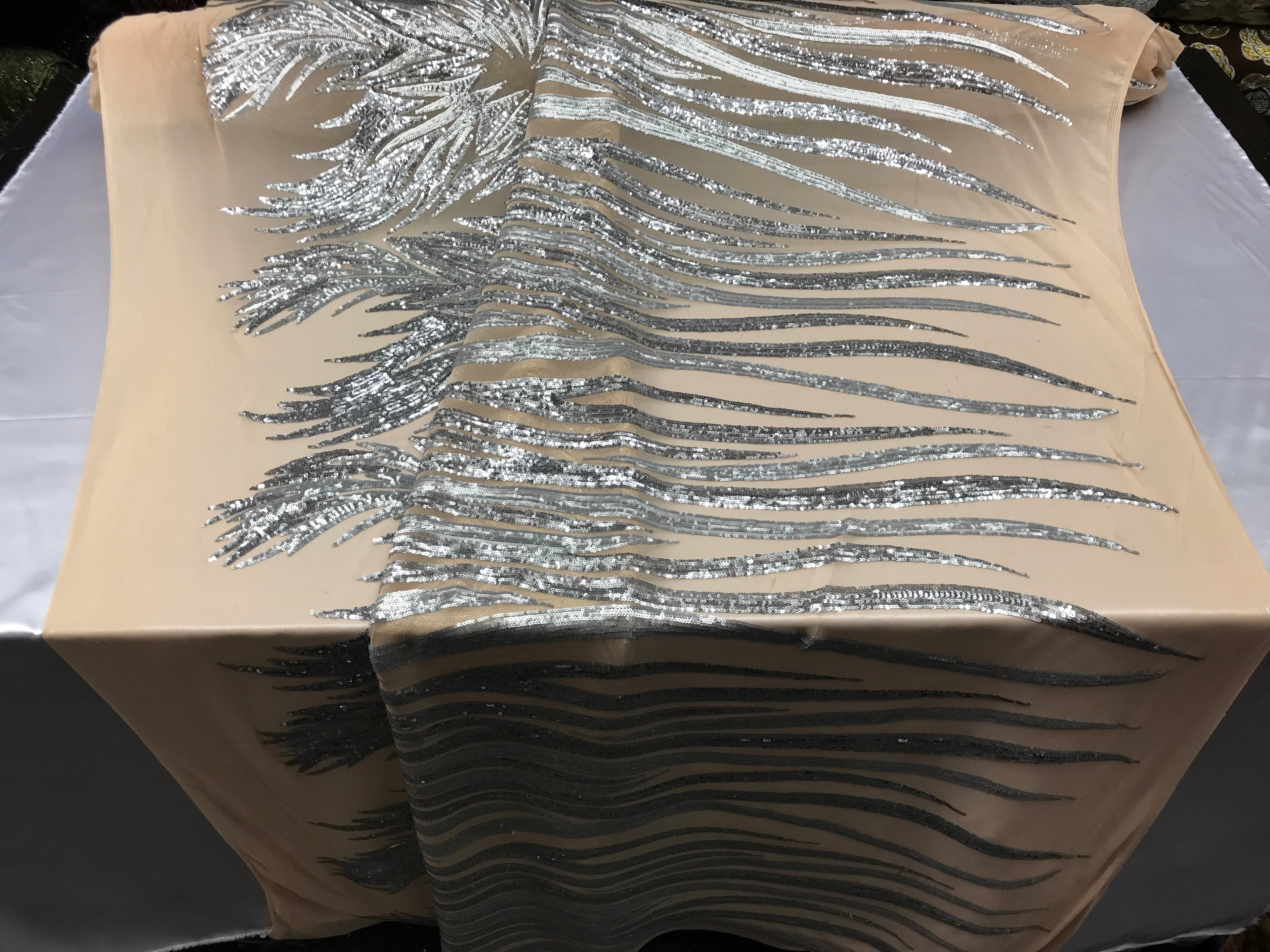 Two Tone - Silver / Matte Silver -  4 Way Stretch Sequins Fabric Embroidered On Mesh Sold By Yard