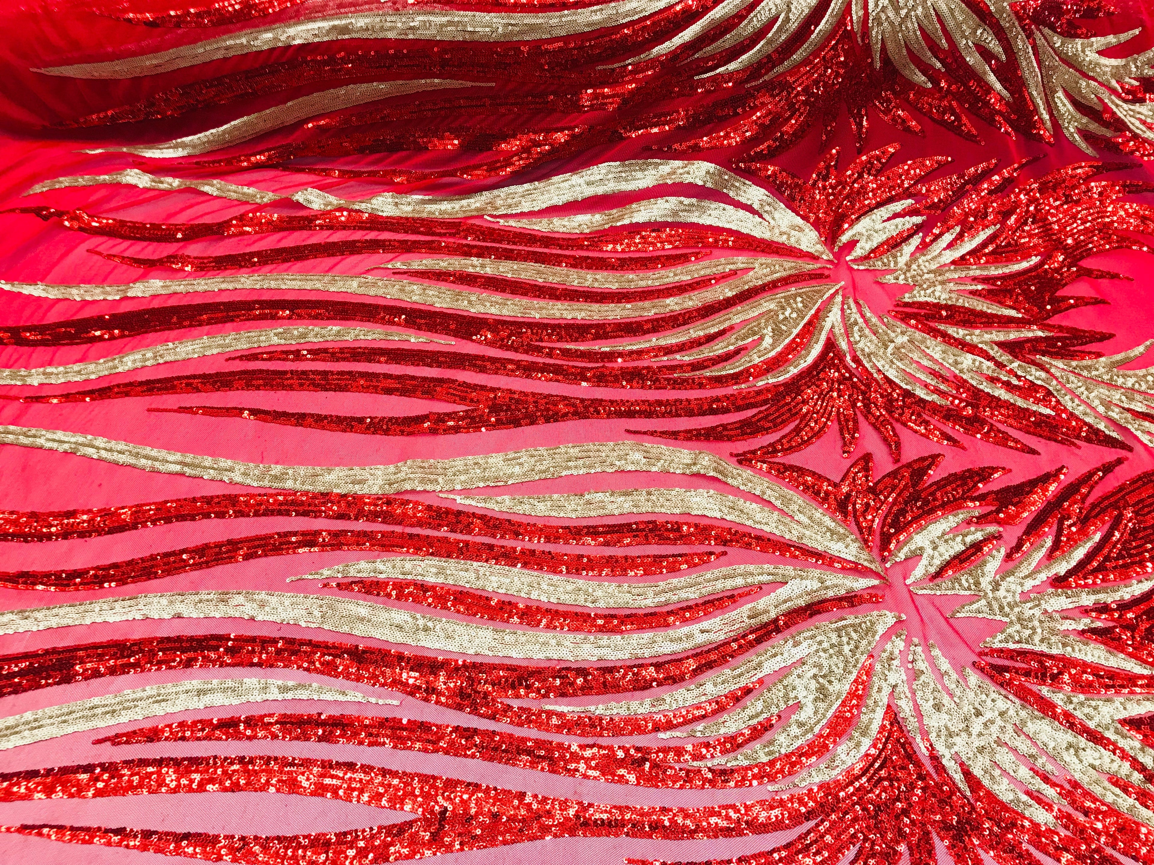 Two Tone - Red/Gold - 4 Way Stretch Sequins Fabric Embroidered On Mesh By Yard