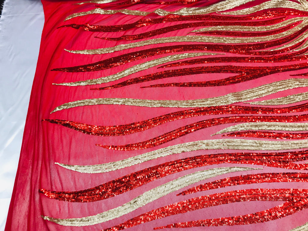 Two Tone - Red/Gold - 4 Way Stretch Sequins Fabric Embroidered On Mesh By Yard