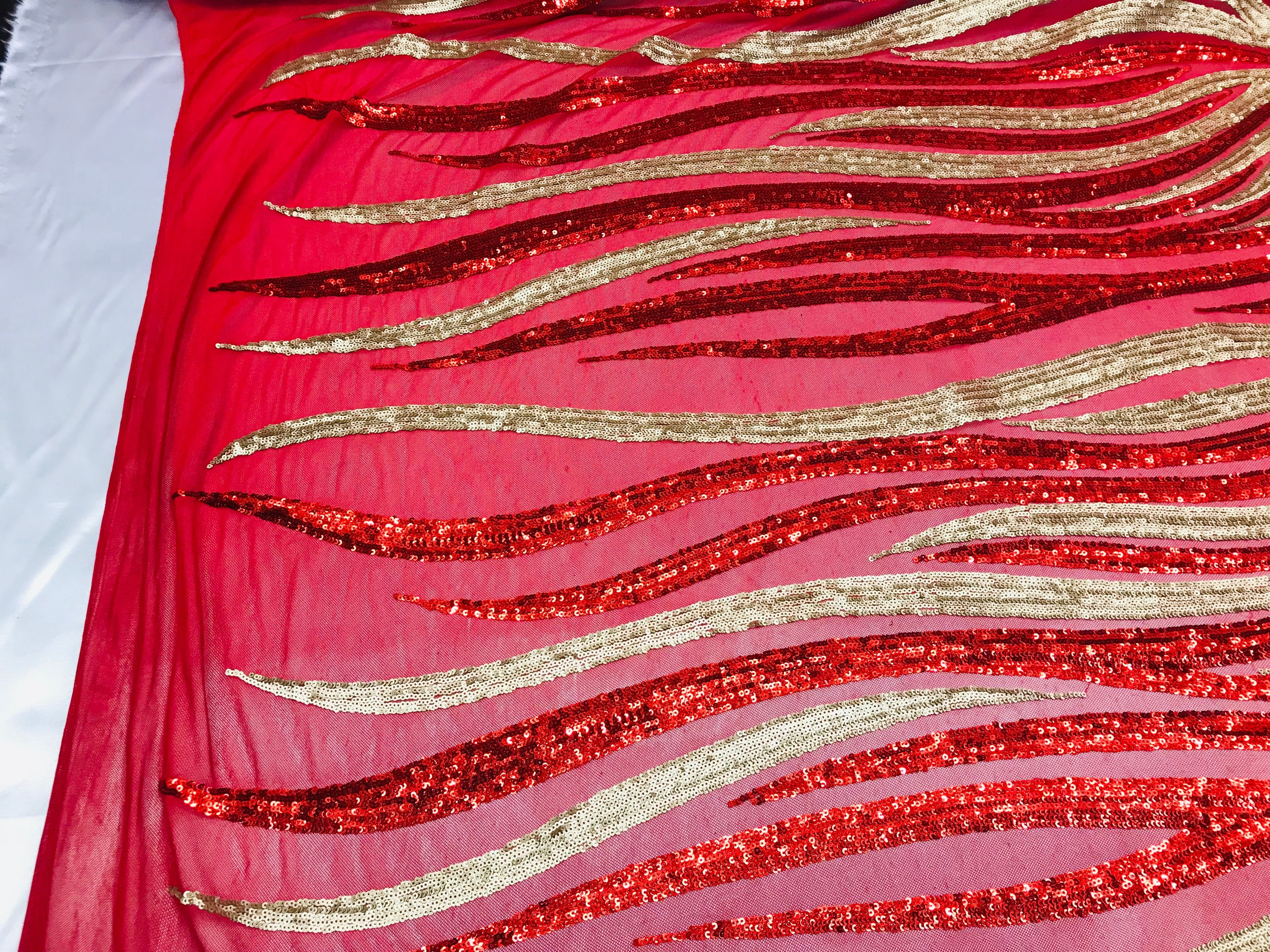 Two Tone - Red/Gold - 4 Way Stretch Sequins Fabric Embroidered On Mesh By Yard