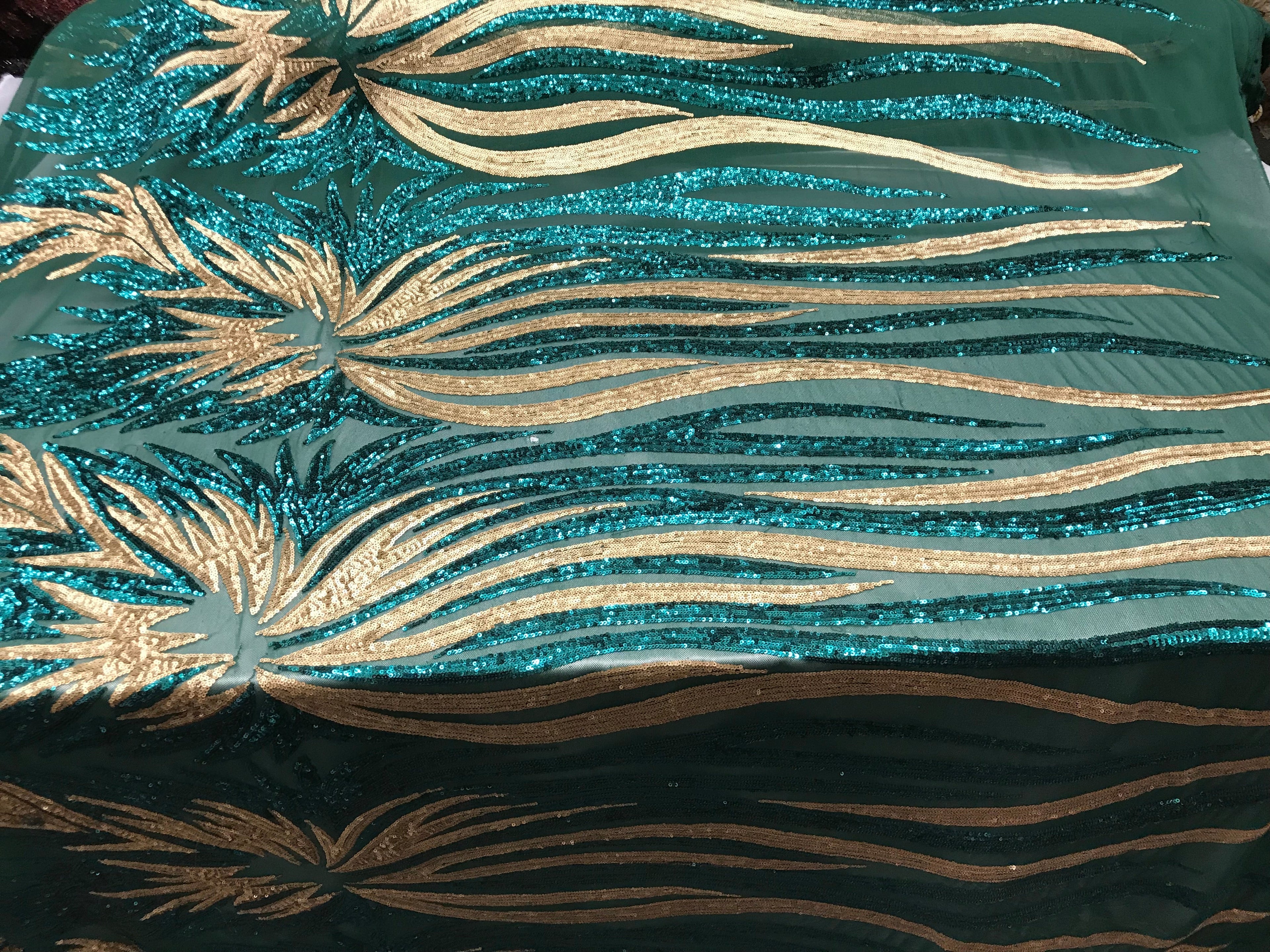 Two Tone - Teal Green / Gold -  4 Way Stretch Sequins Fabric Embroidered On Mesh Sold By Yard