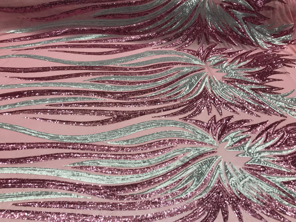 Two Tone - Dusty Rose / Silver - 4 Way Stretch Sequins Fabric Embroidered On Mesh By Yard