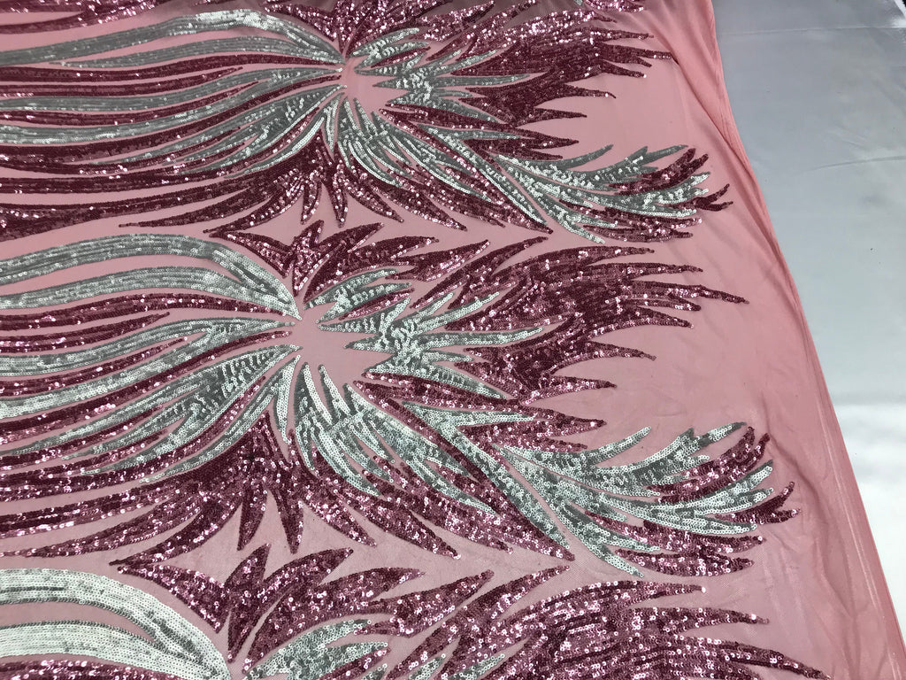 Two Tone - Dusty Rose / Silver - 4 Way Stretch Sequins Fabric Embroidered On Mesh By Yard