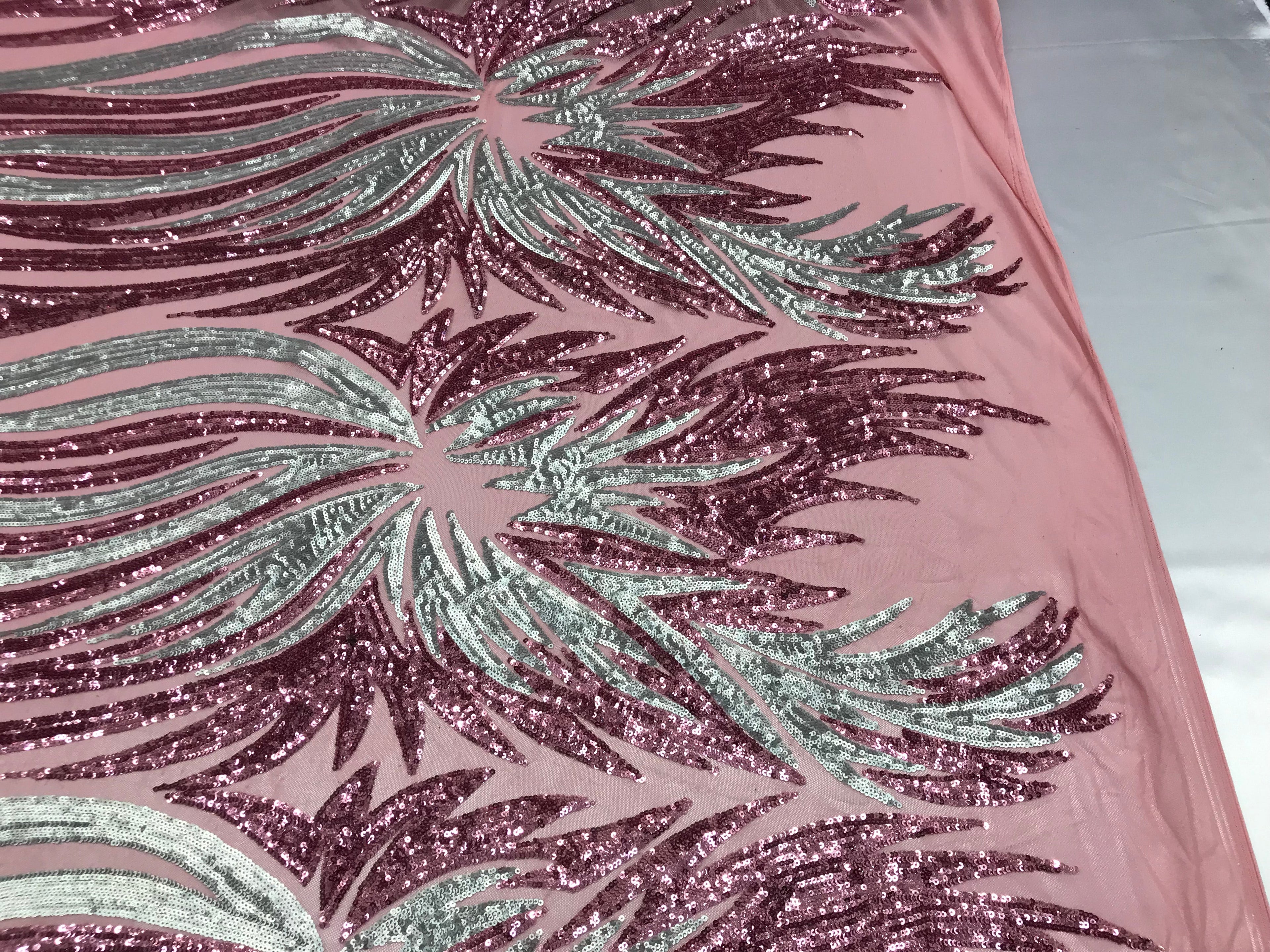 Two Tone - Dusty Rose / Silver - 4 Way Stretch Sequins Fabric Embroidered On Mesh By Yard