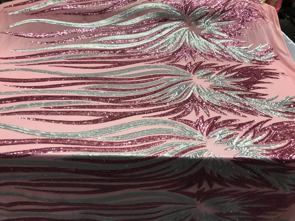 Two Tone - Dusty Rose / Silver - 4 Way Stretch Sequins Fabric Embroidered On Mesh By Yard