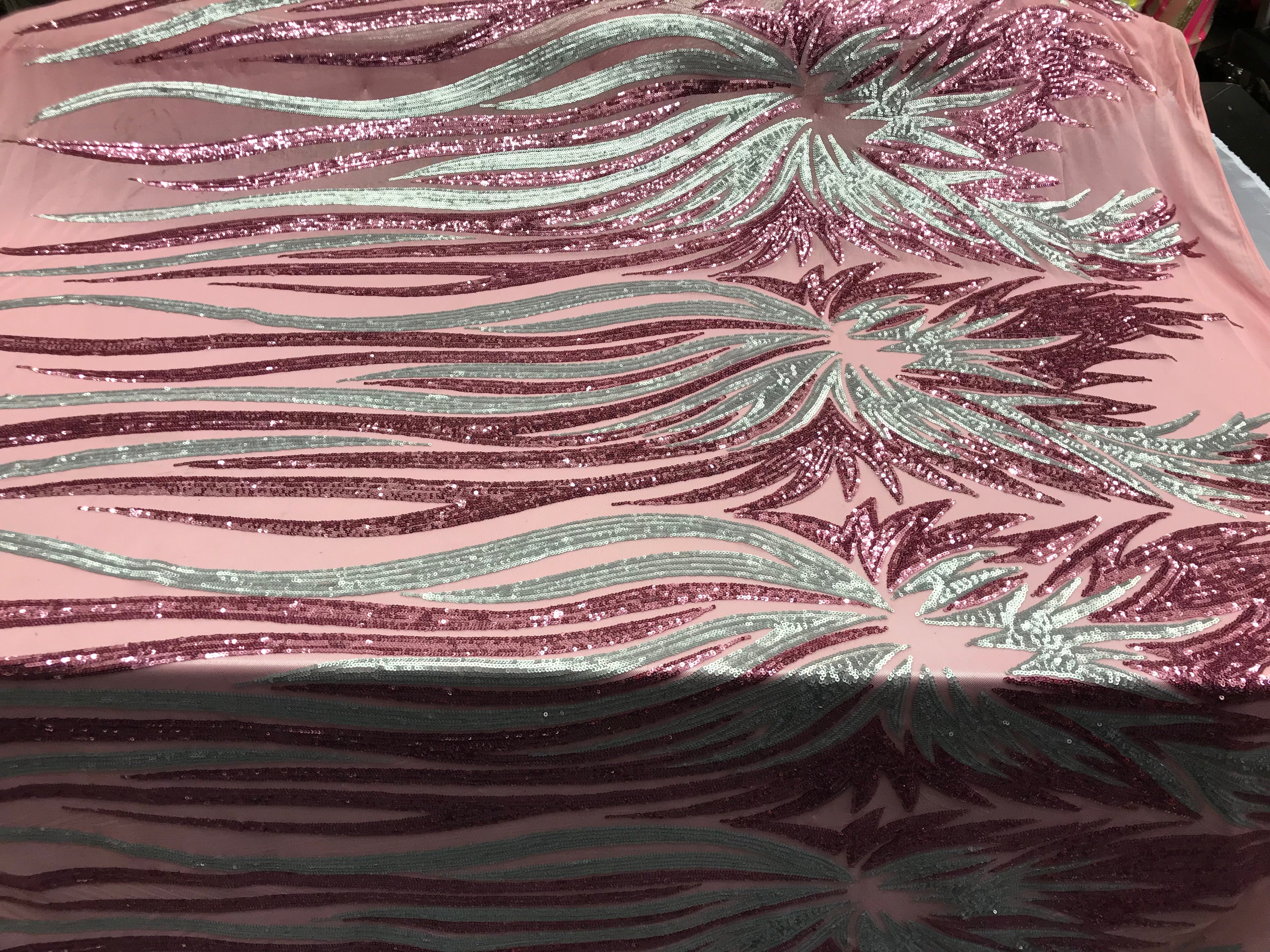 Two Tone - Dusty Rose / Silver - 4 Way Stretch Sequins Fabric Embroidered On Mesh By Yard