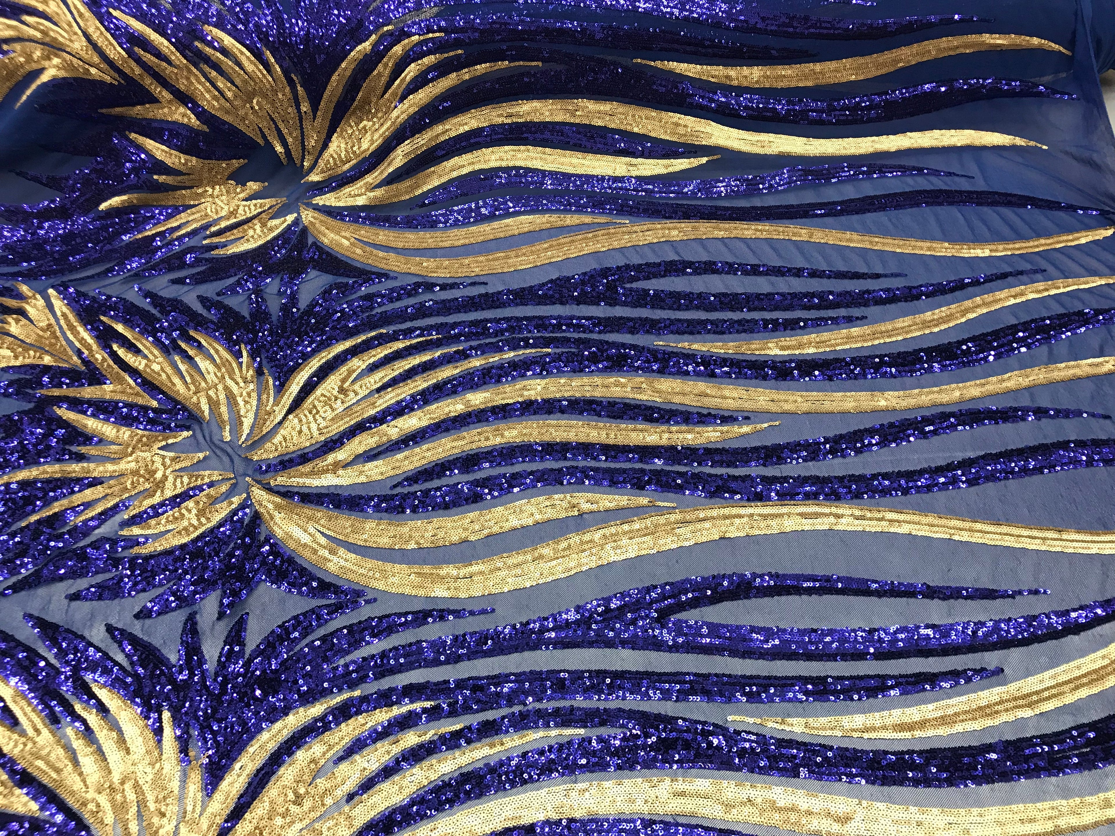 Two Tone - Royal Blue / Gold - 4 Way Stretch Sequins Fabric Embroidered On Mesh Sold By The Yard