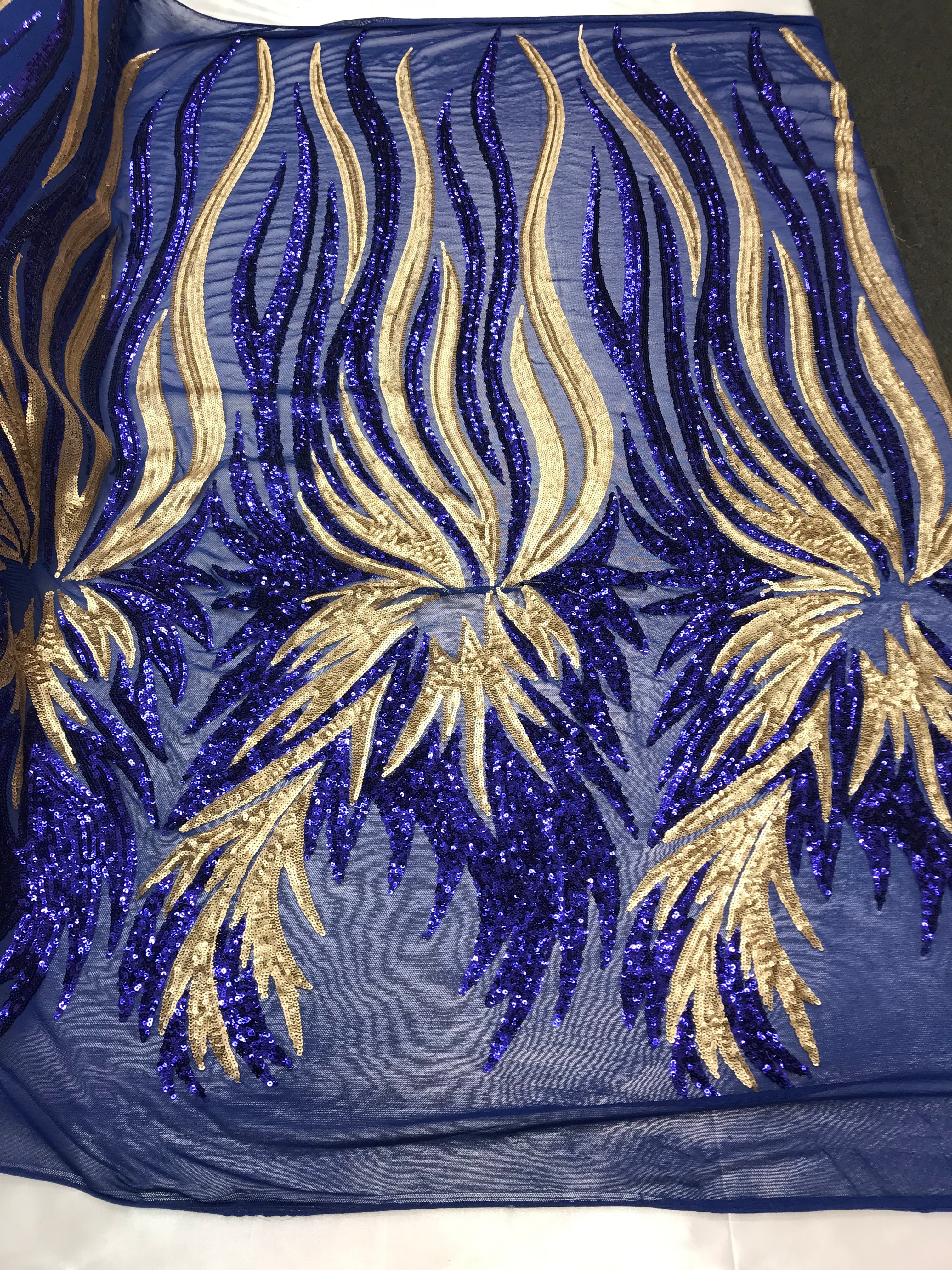 Two Tone - Royal Blue / Gold - 4 Way Stretch Sequins Fabric Embroidered On Mesh Sold By The Yard