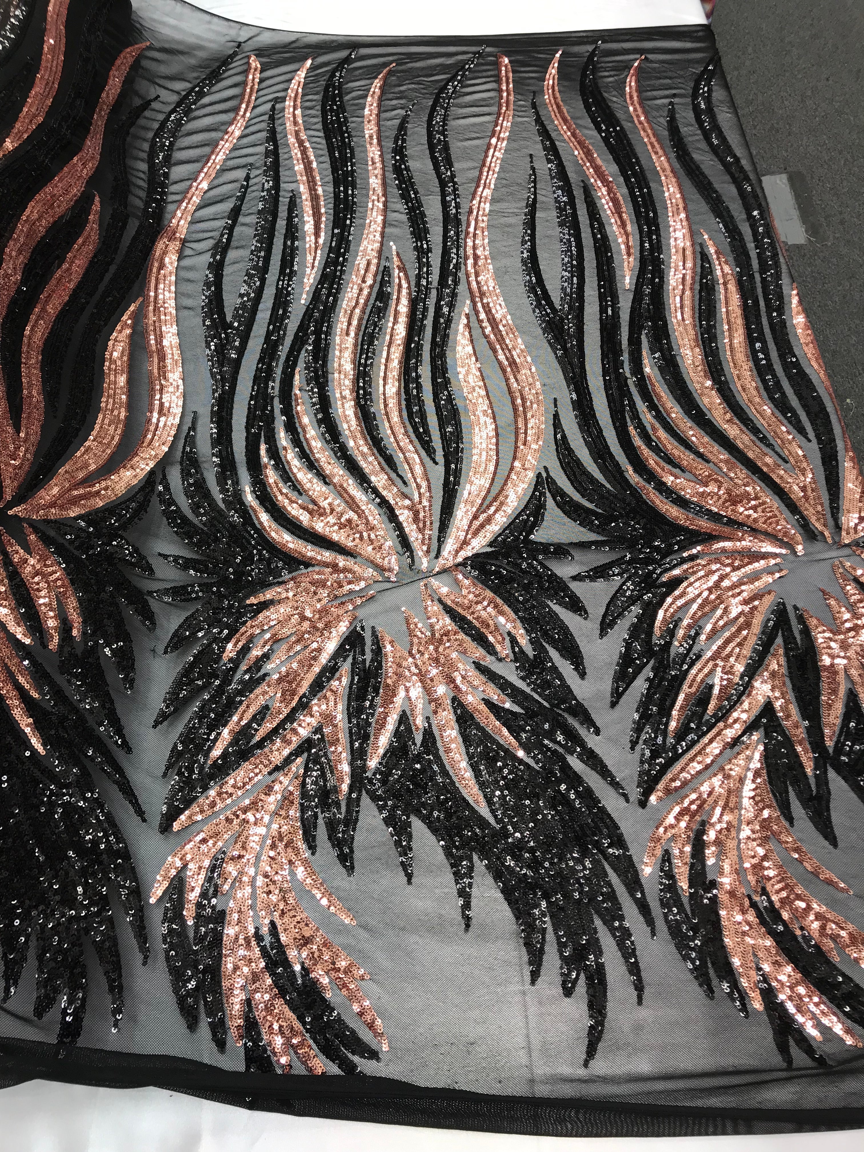 Two Tone - Black / Rose Gold -  4 Way Stretch Sequins Fabric Embroidered On Mesh Sold By Yard